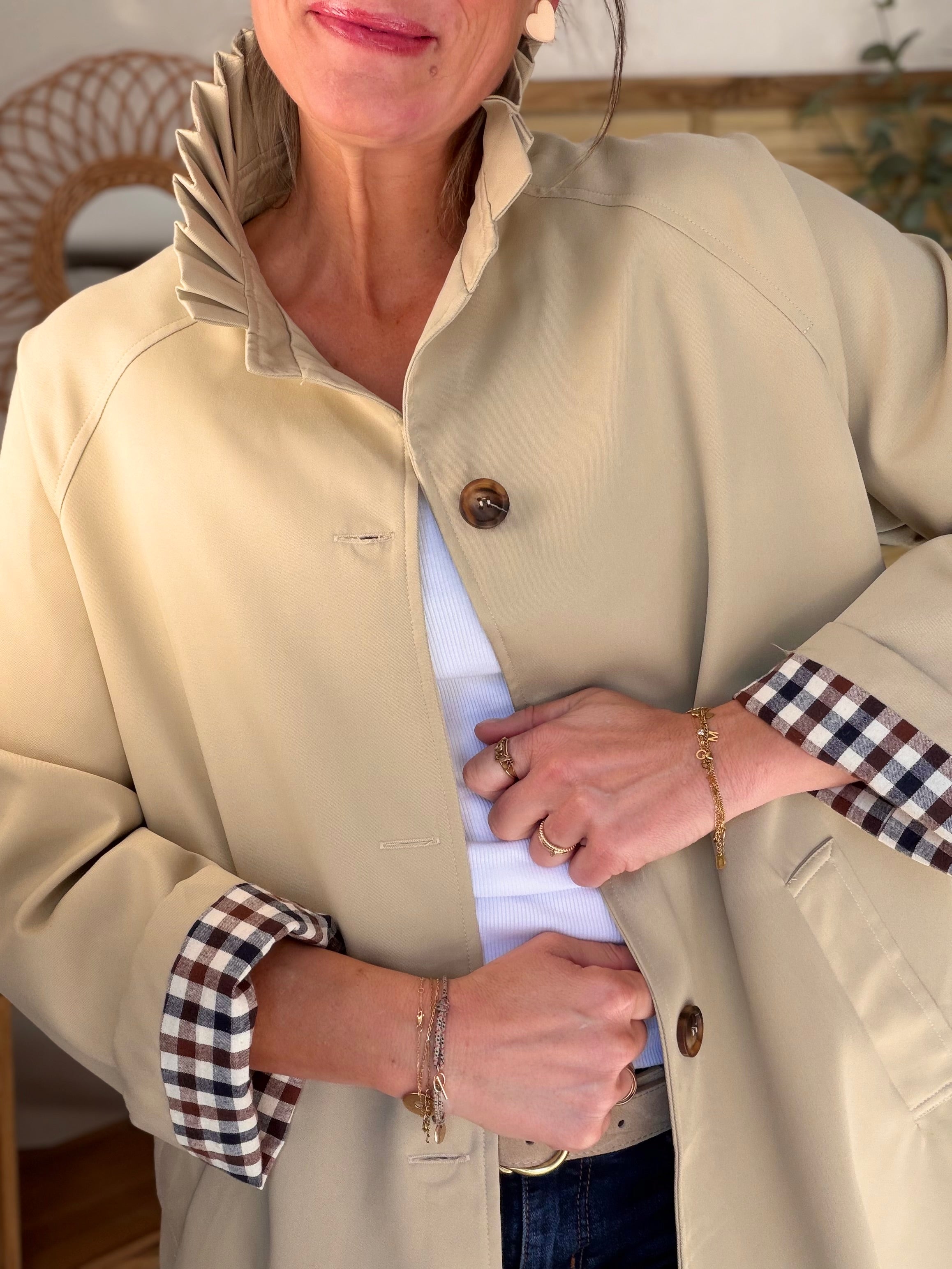 Veste Trench col victorien avec vichy - VICKY LONG Beige