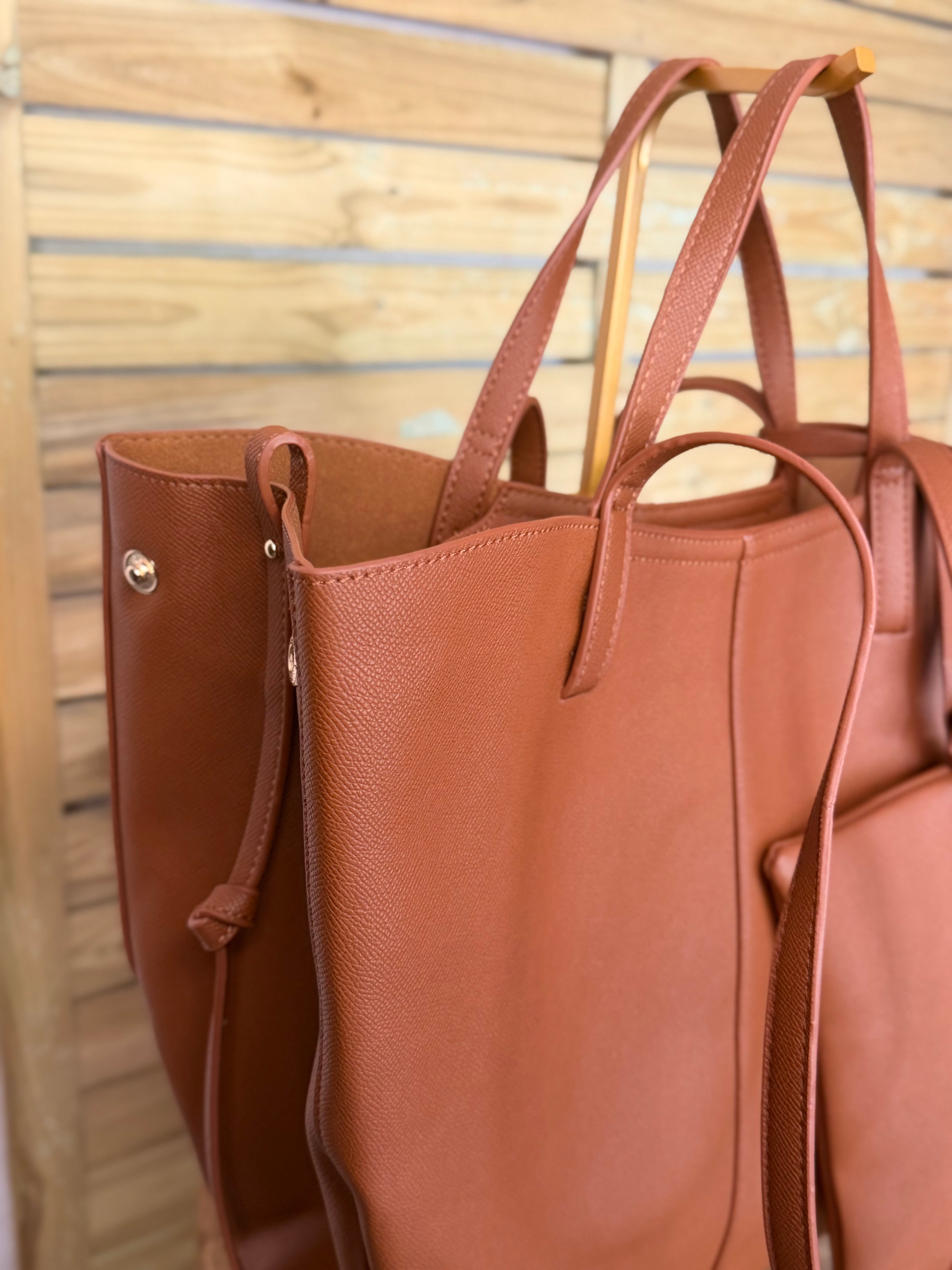 Grand Sac cabas 2 en 1 en simili cuir grainé - PAULE Camel