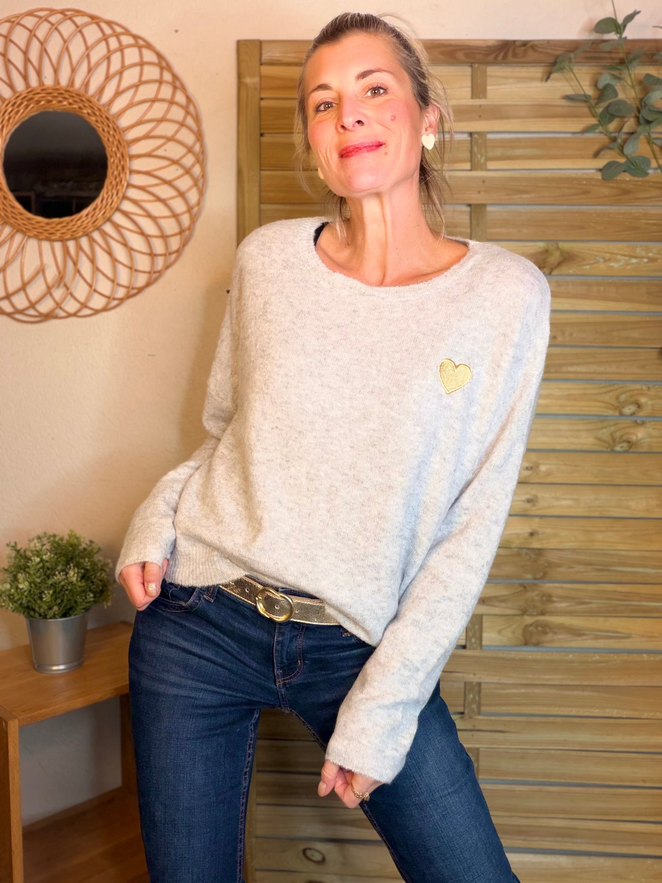 Pull léger en maille cœur doré brodé 💛 MELISSA - Gris chiné