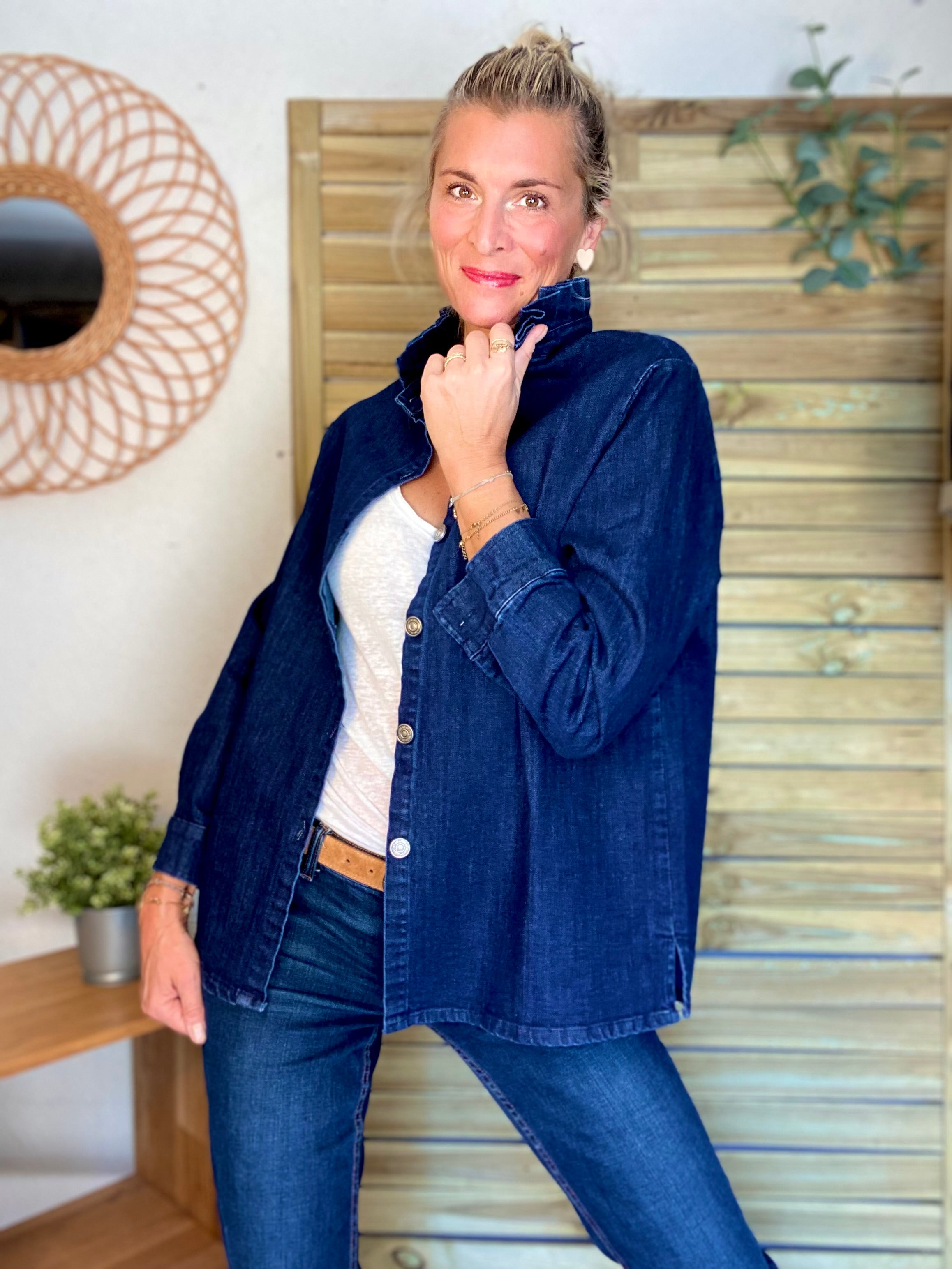 Veste / Chemise en coton, col victorien volanté Bleu Jean LISON