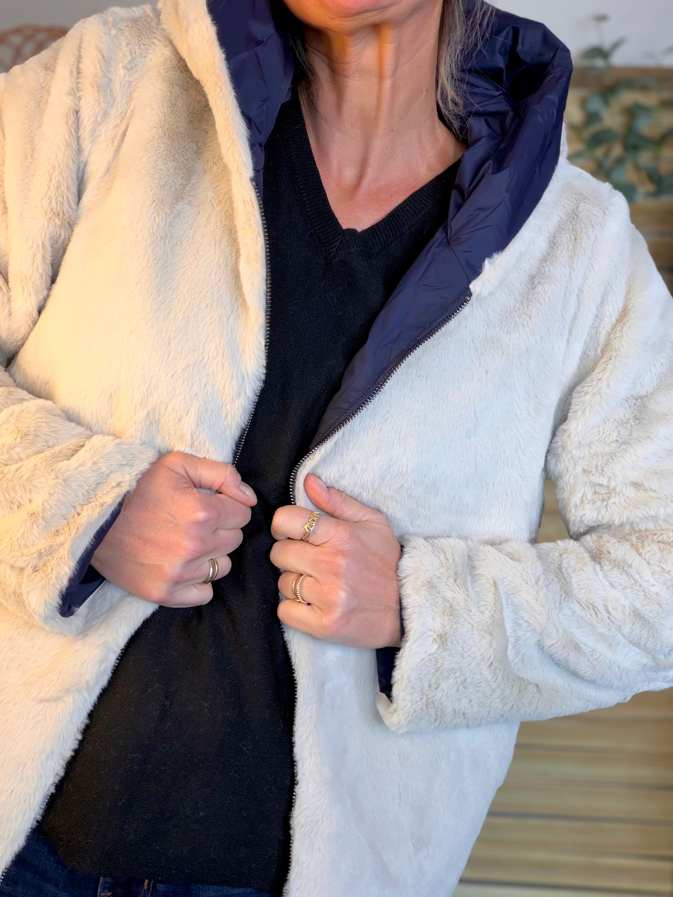 Parka Imperméable réversible fourrée Marine / Beige ALIX Court - LAURA JO