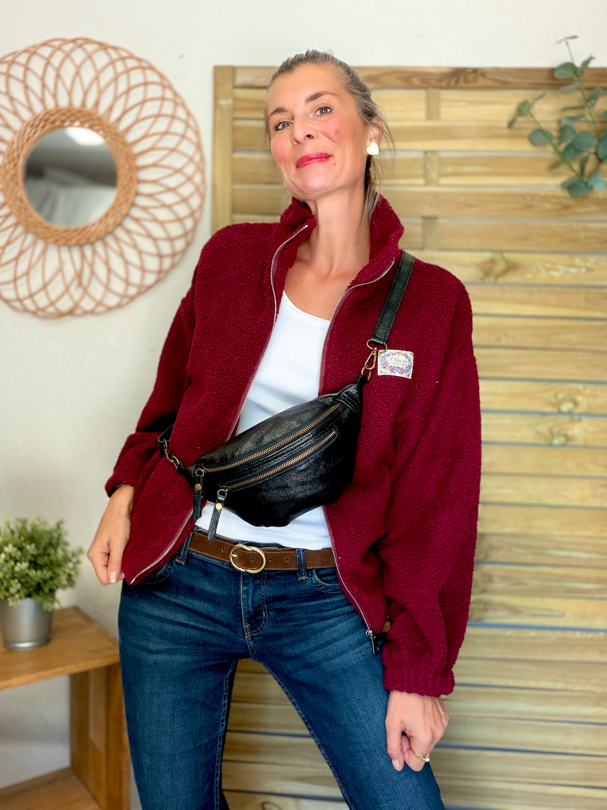 Sac banane en cuir irisé double poche - OPALE - Noir / Laiton