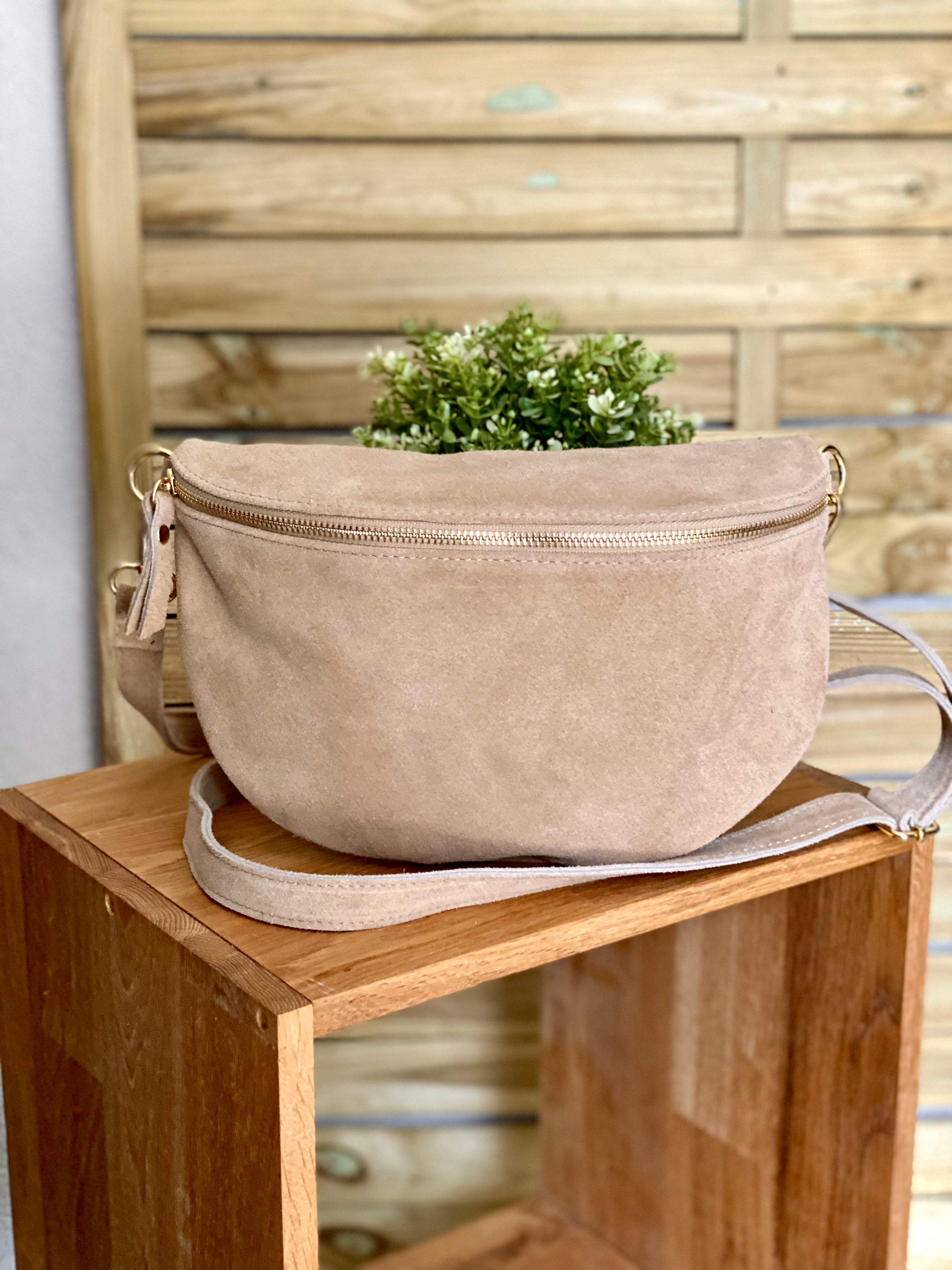 Sac banane XL en cuir velours 30cm JUDY - Beige (7 coloris)