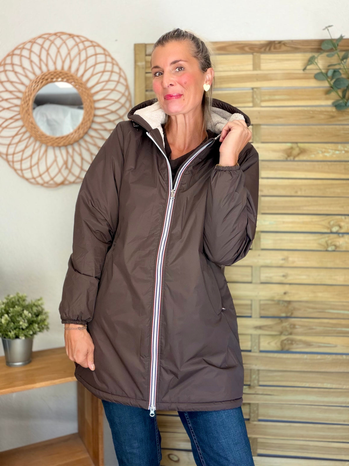 LAURA JO - Parka Imperméable LOUISE LONG Sherpa écru - Chocolat