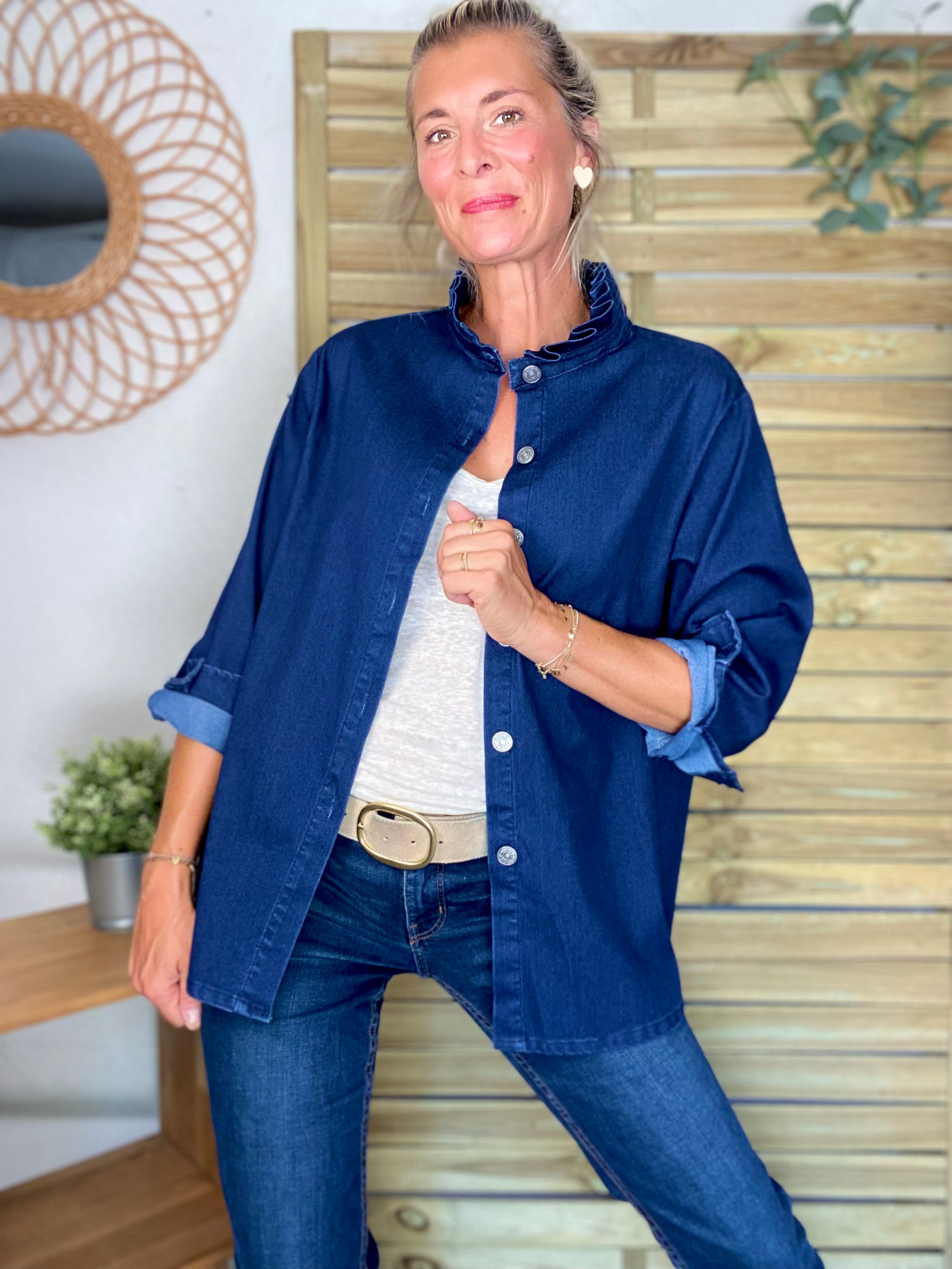 Veste / Chemise en coton, col volanté Bleu Jean LISON