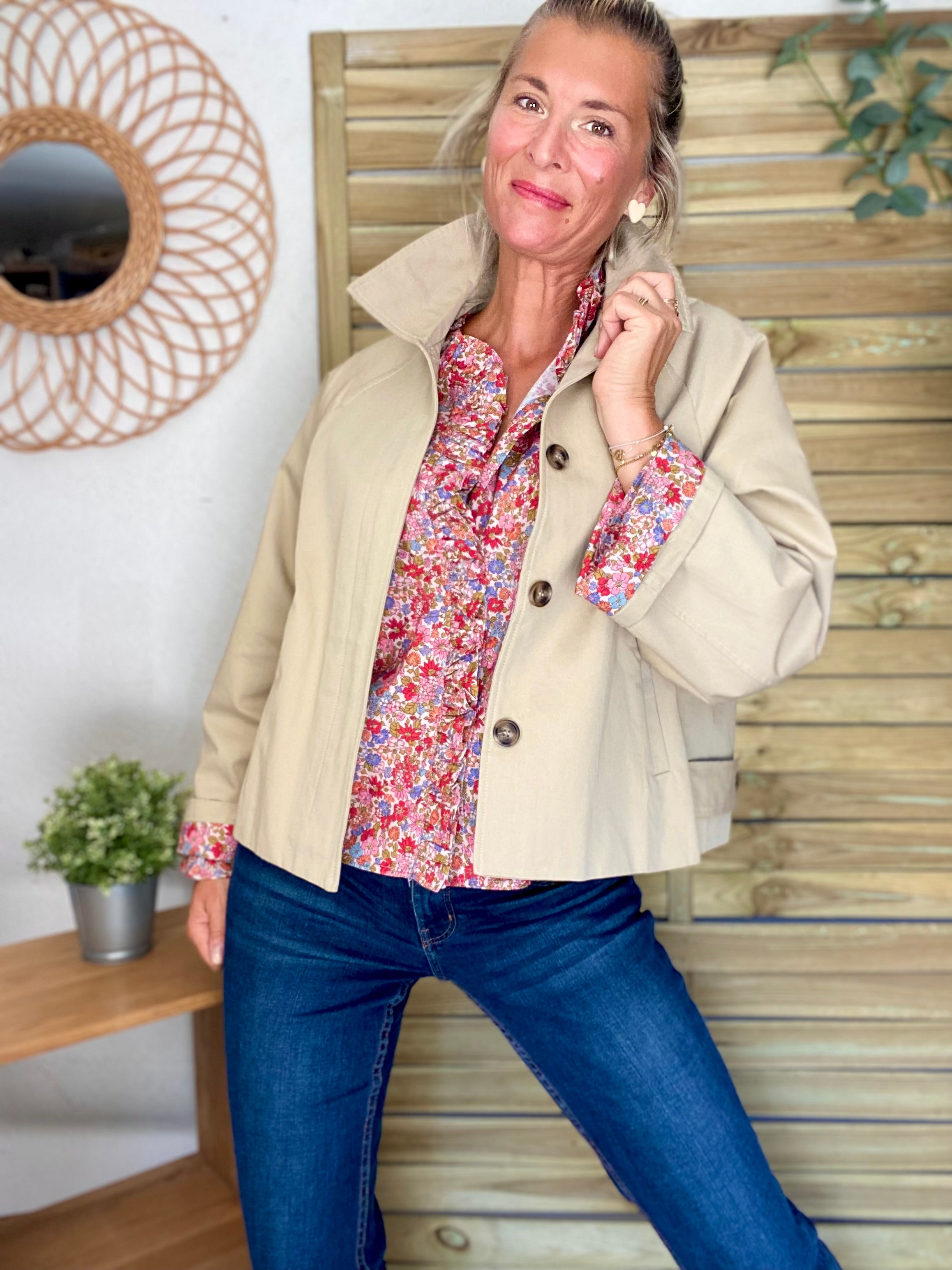 Veste Trench en coton beige avec Liberty - MAHAUT