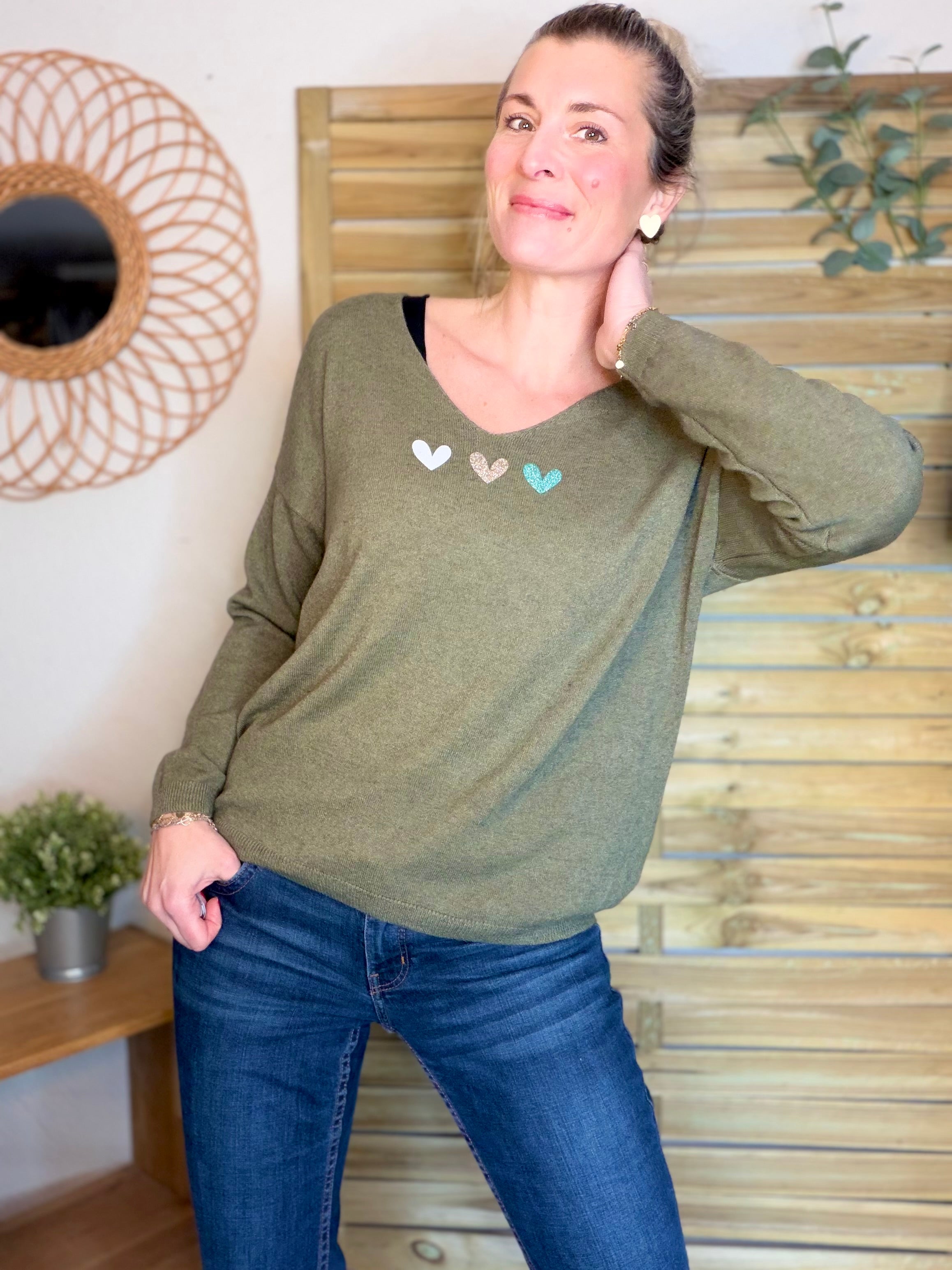 Pull fin 3 cœurs 💛 BERTILLE - Kaki