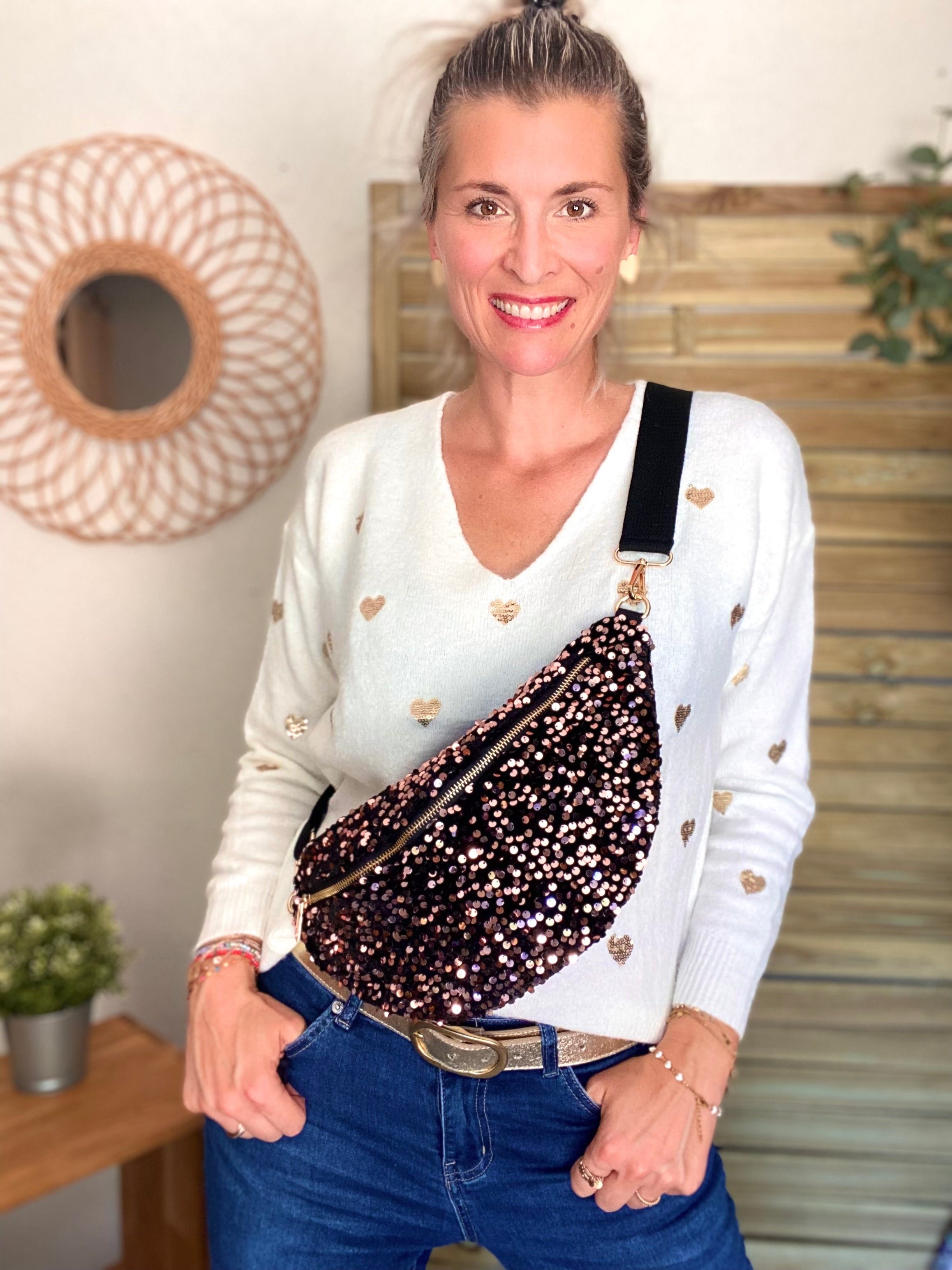 Sac banane L velours à sequins Ciao Boum - TAYLOR - Noir à sequins rosés