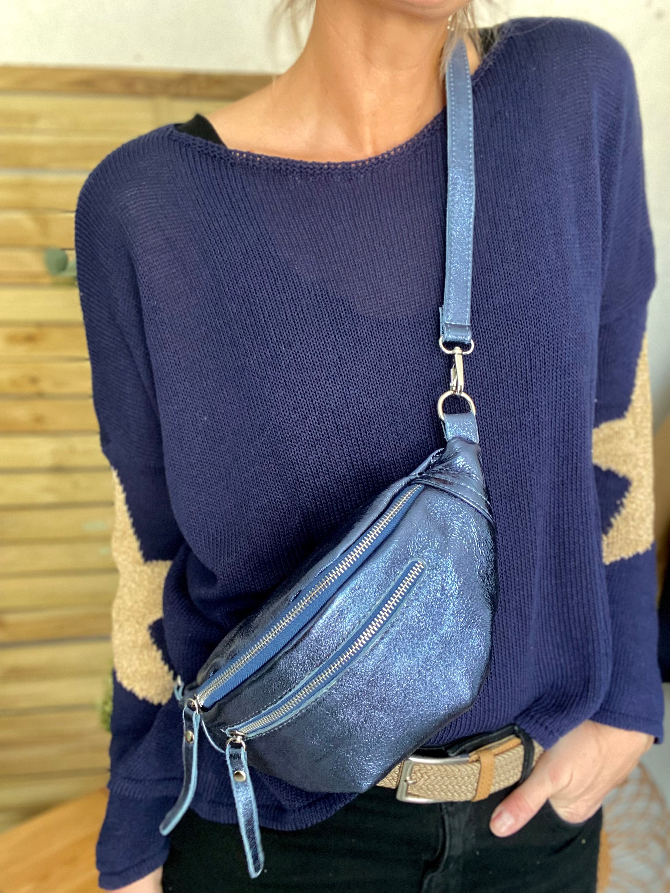 Sac banane en cuir irisé double poche - OPALE  - Bleu jean