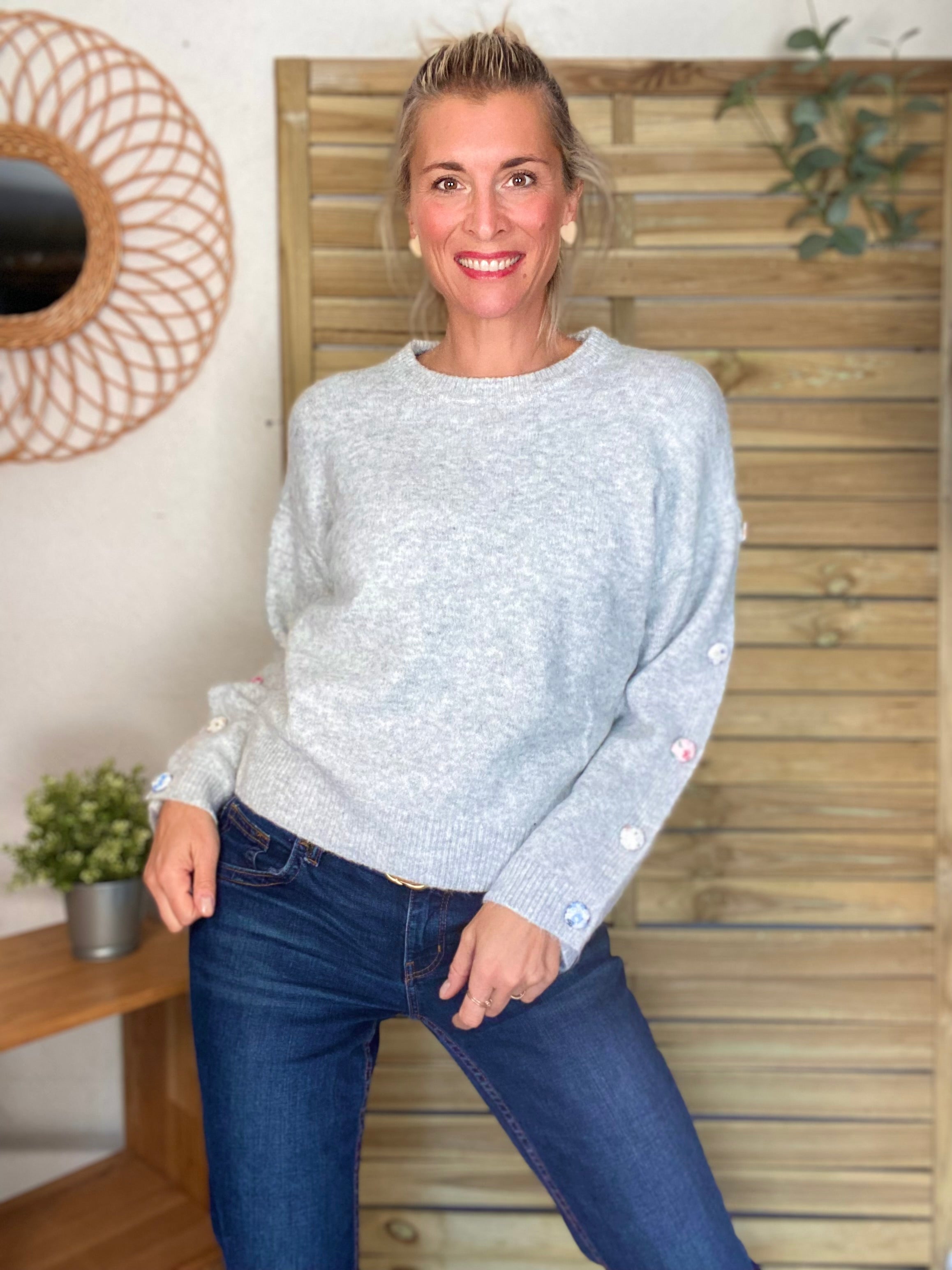 ⚡️ PÉPITES FRIDAY - Pull boutons tissu fleuri - Gris chiné - HAZEL