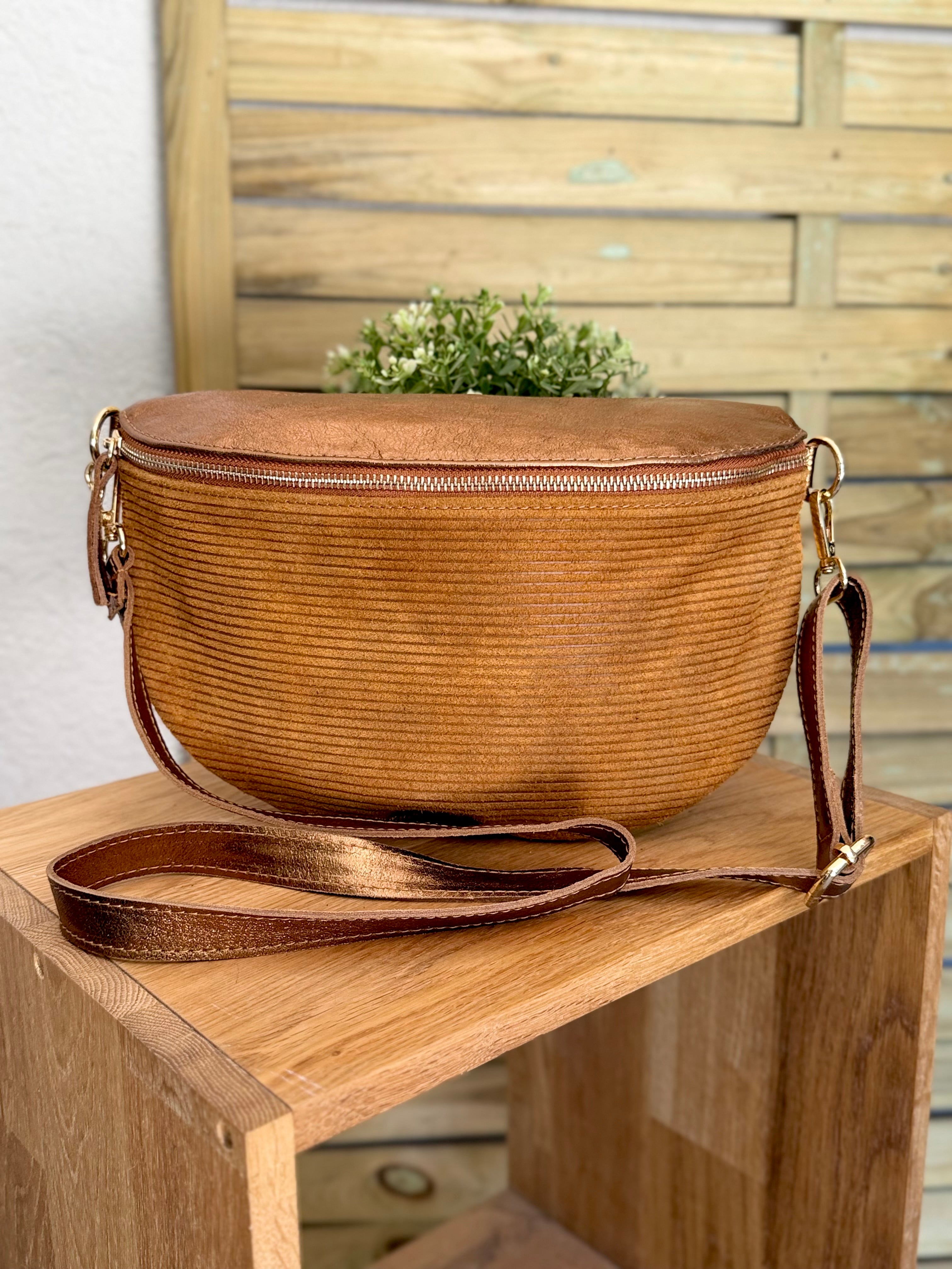 Sac banane XL 30cm en cuir irisé et velours - JANIS - Camel bi-matière
