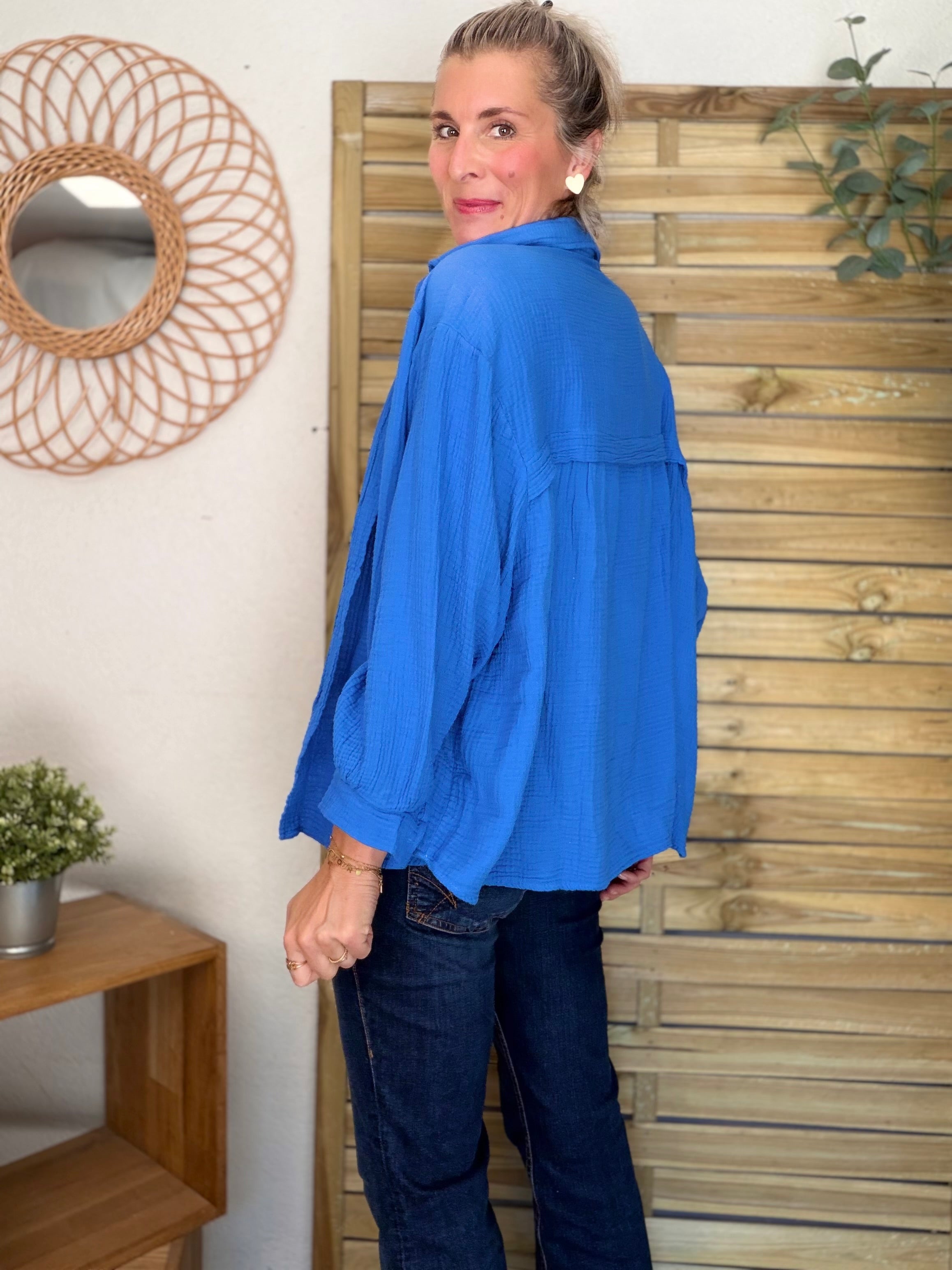 Chemise en gaze de coton unie FÉLICIA Bleu électrique