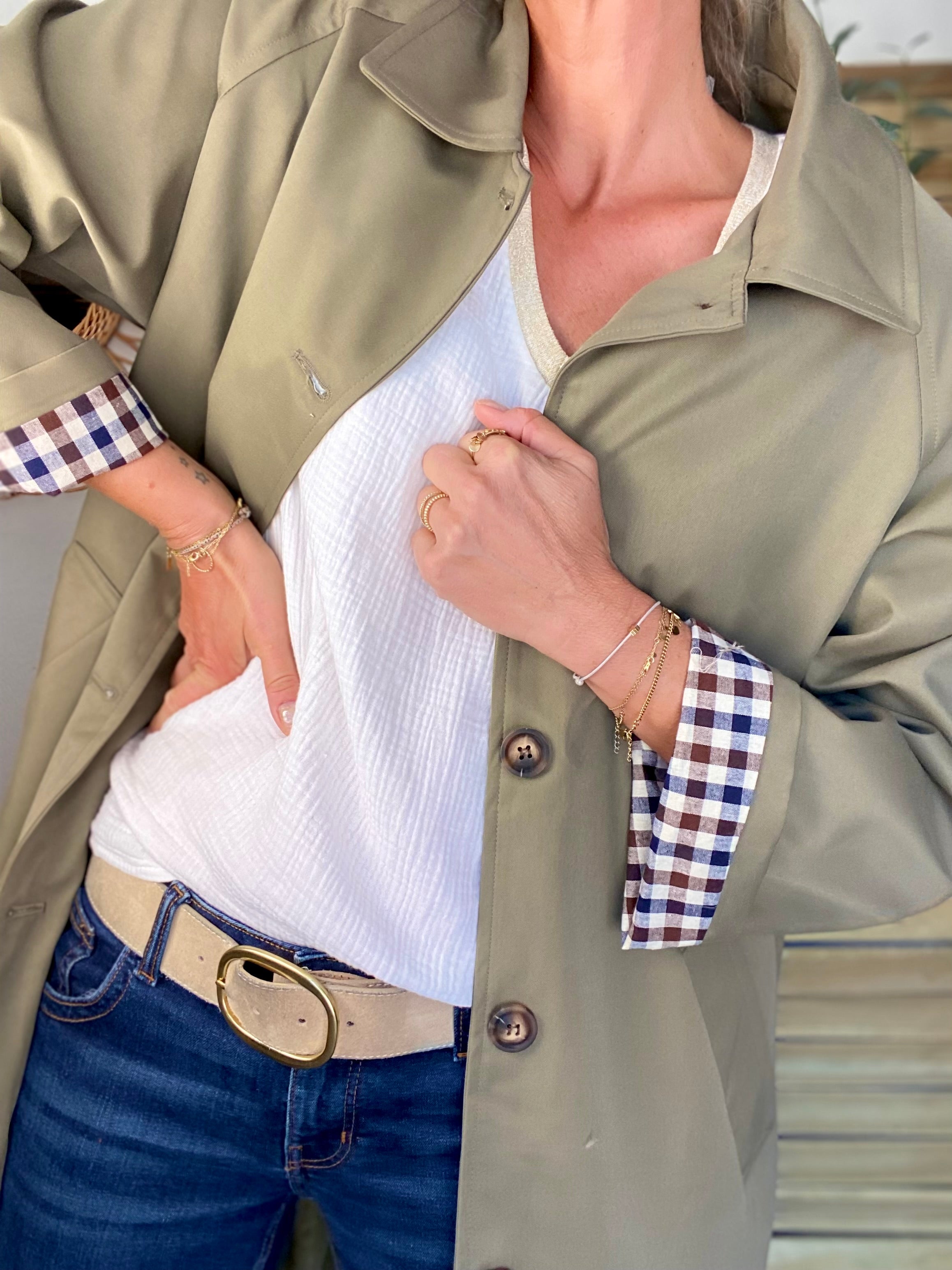 Veste Trench en coton avec vichy - YSEULT long Kaki