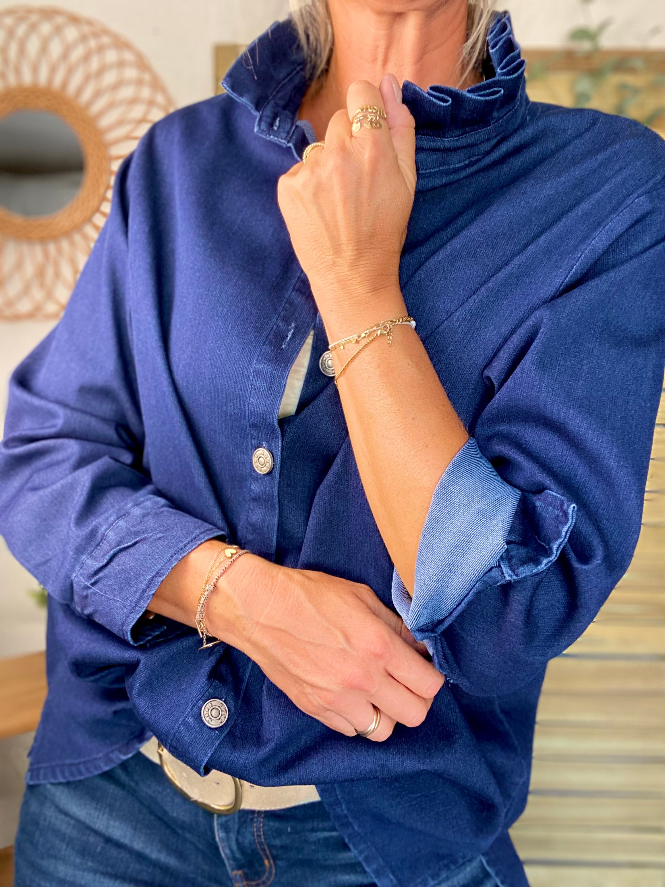 Veste / Chemise en coton, col volanté Bleu Jean LISON