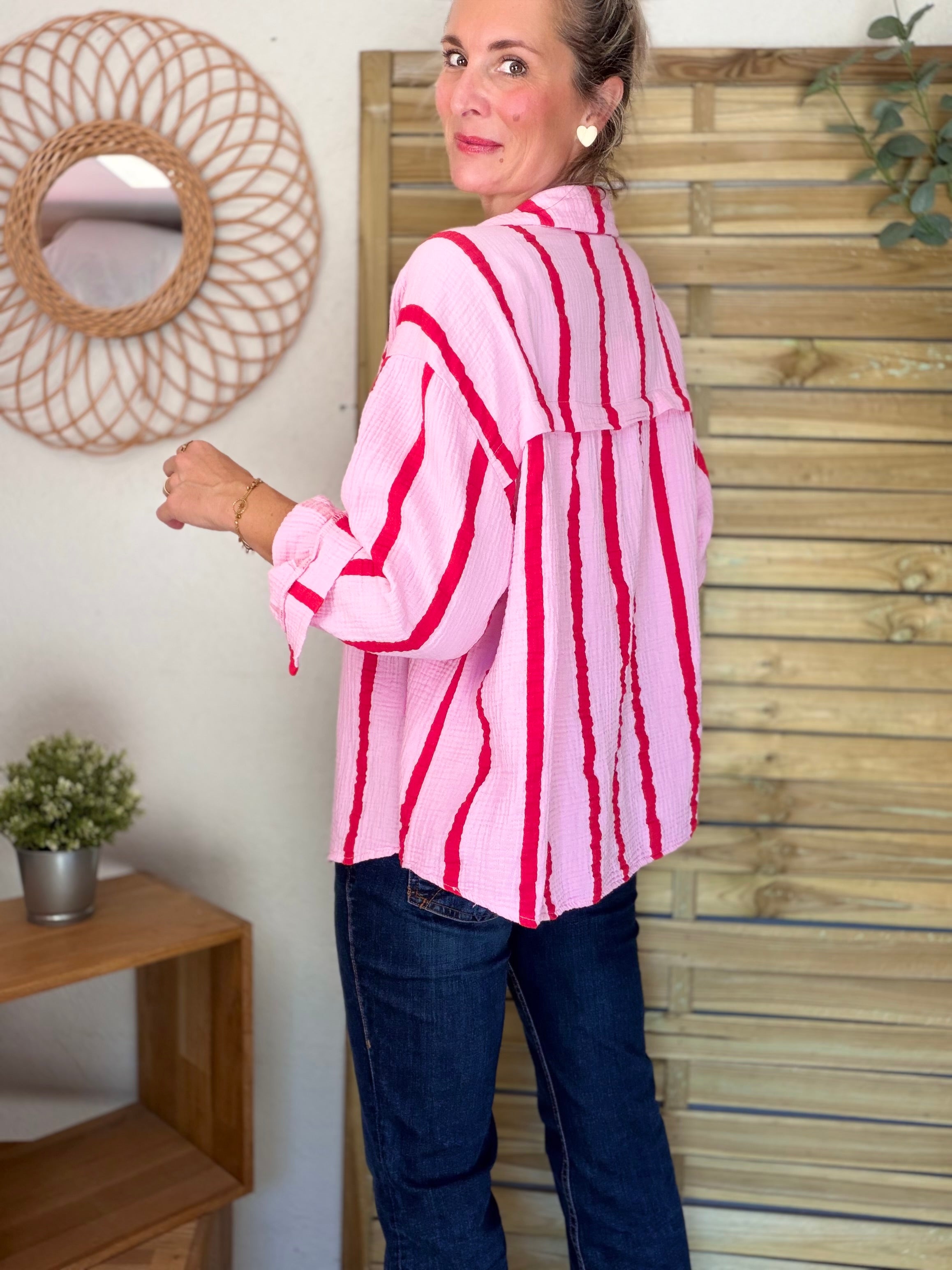 Chemise en gaze de coton rayé FÉLICIE Rose rouge