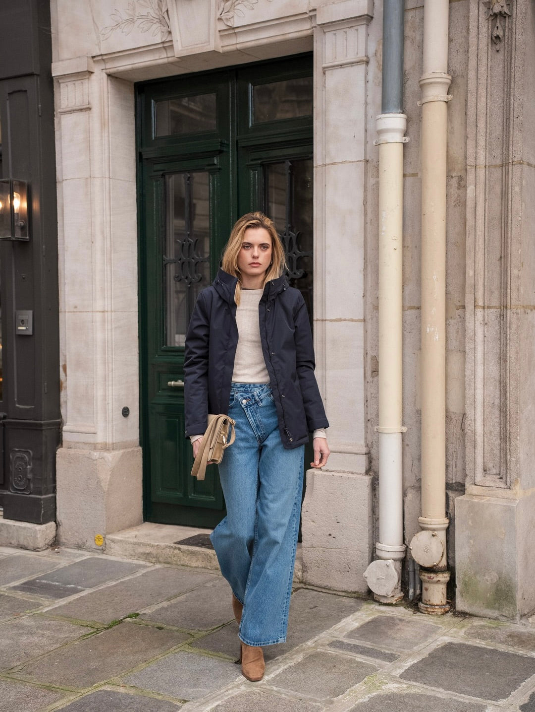 LAURA JO - Parka fourrée imperméable AMBRE MI-LONG - Bleu marine / Beige