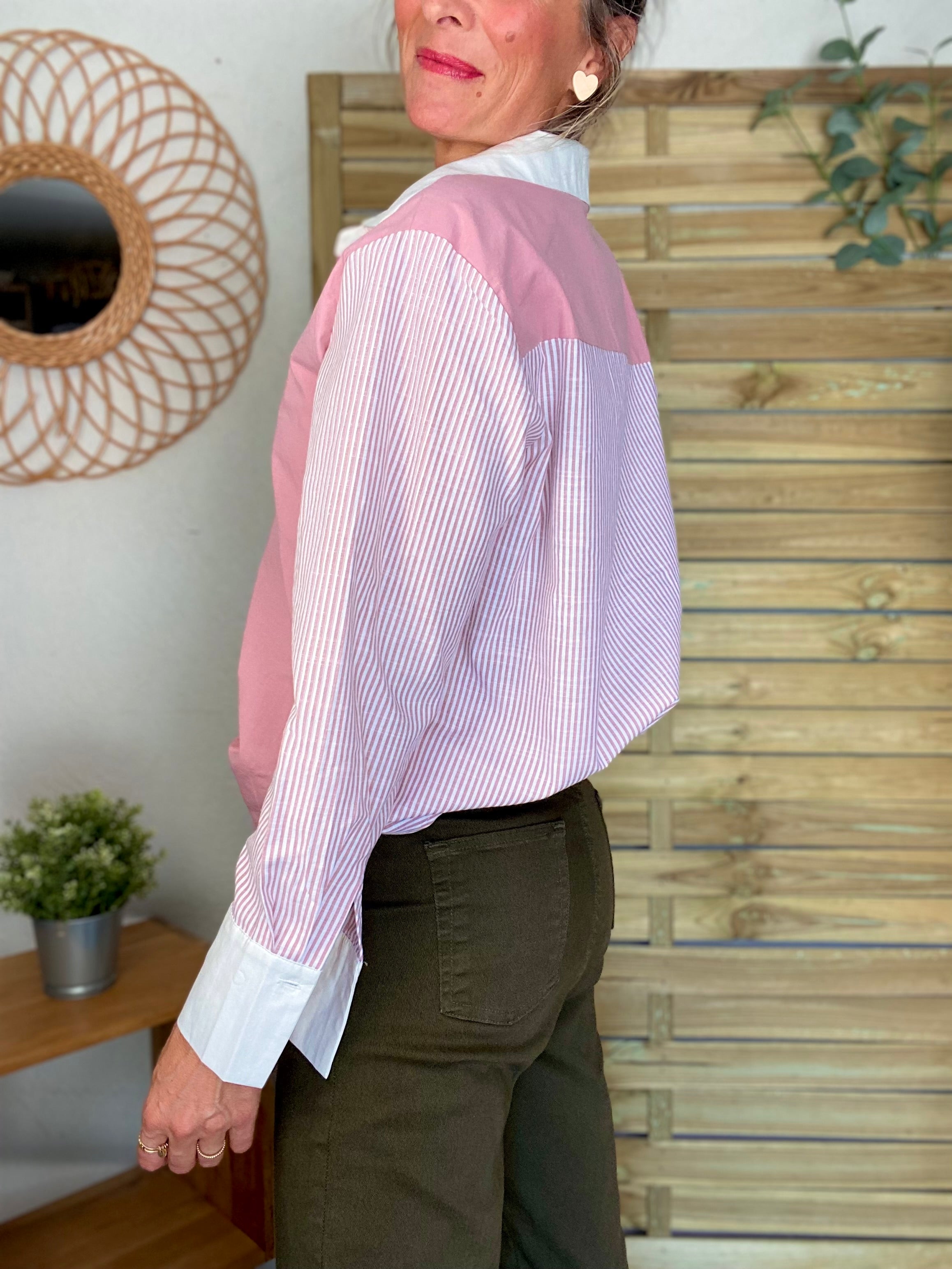 Chemise en coton rayée et uni JULIETTE - Rose