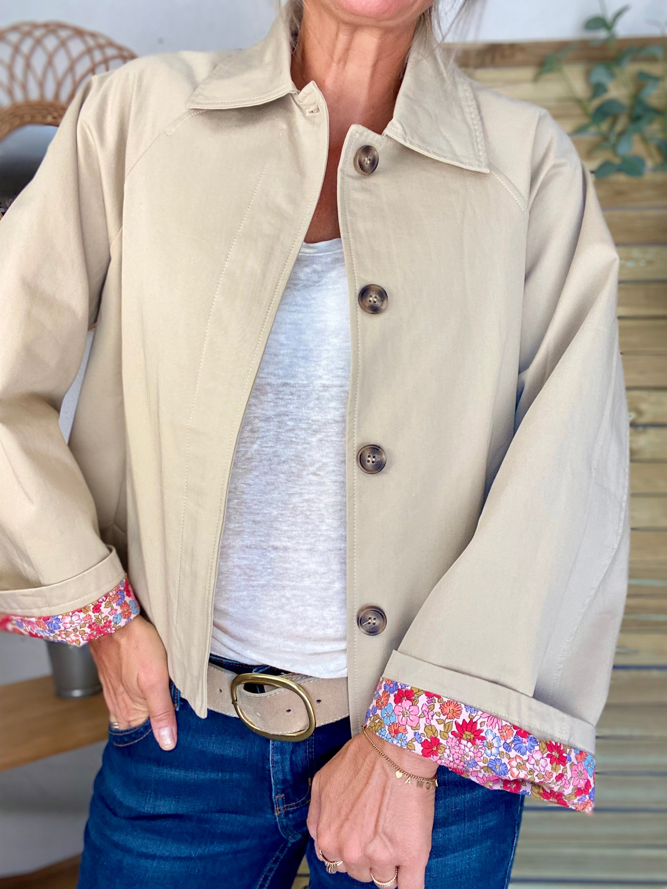 Veste Trench en coton beige avec Liberty - MAHAUT