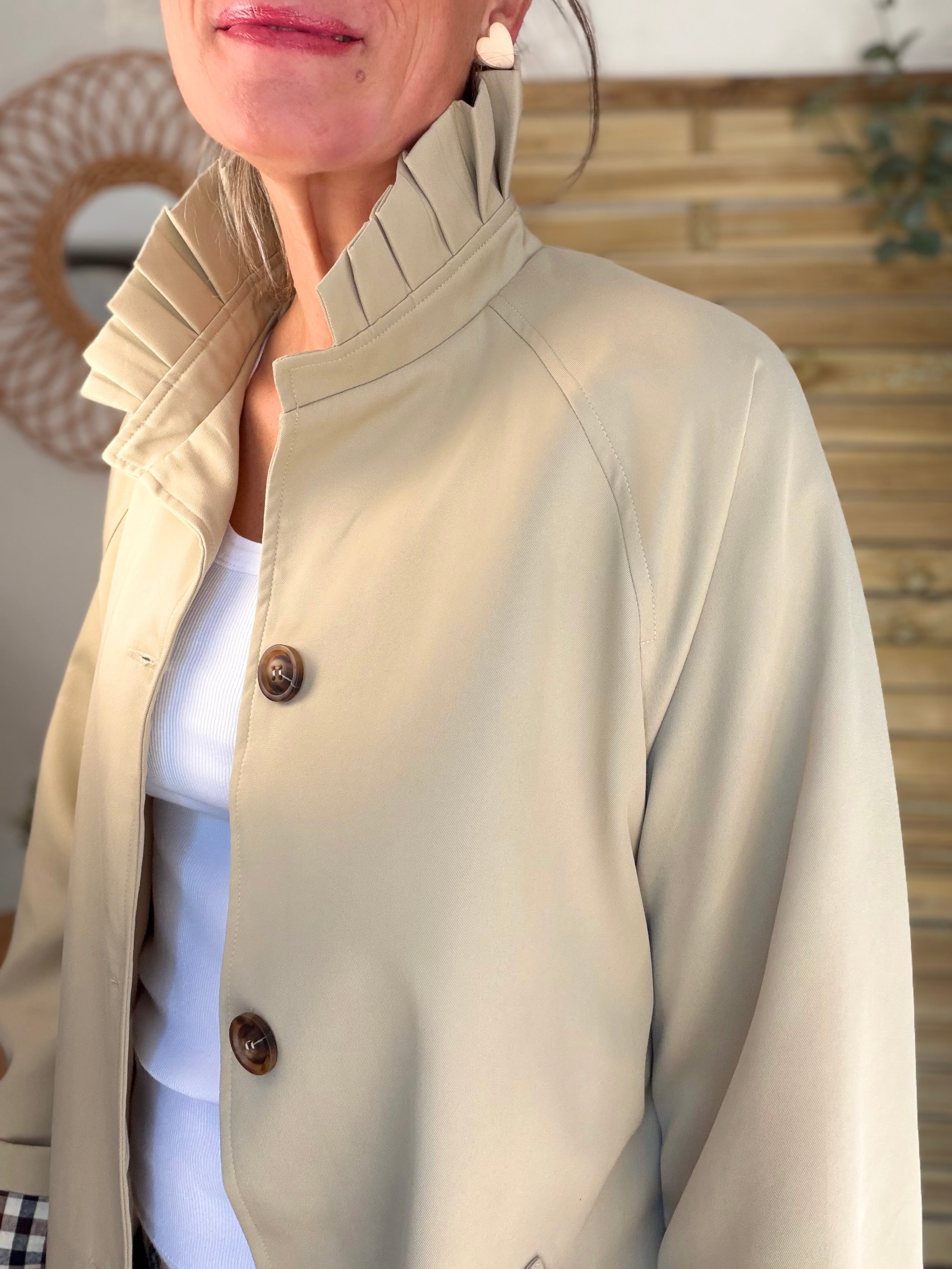 Veste Trench col victorien avec vichy - VICKY LONG Beige