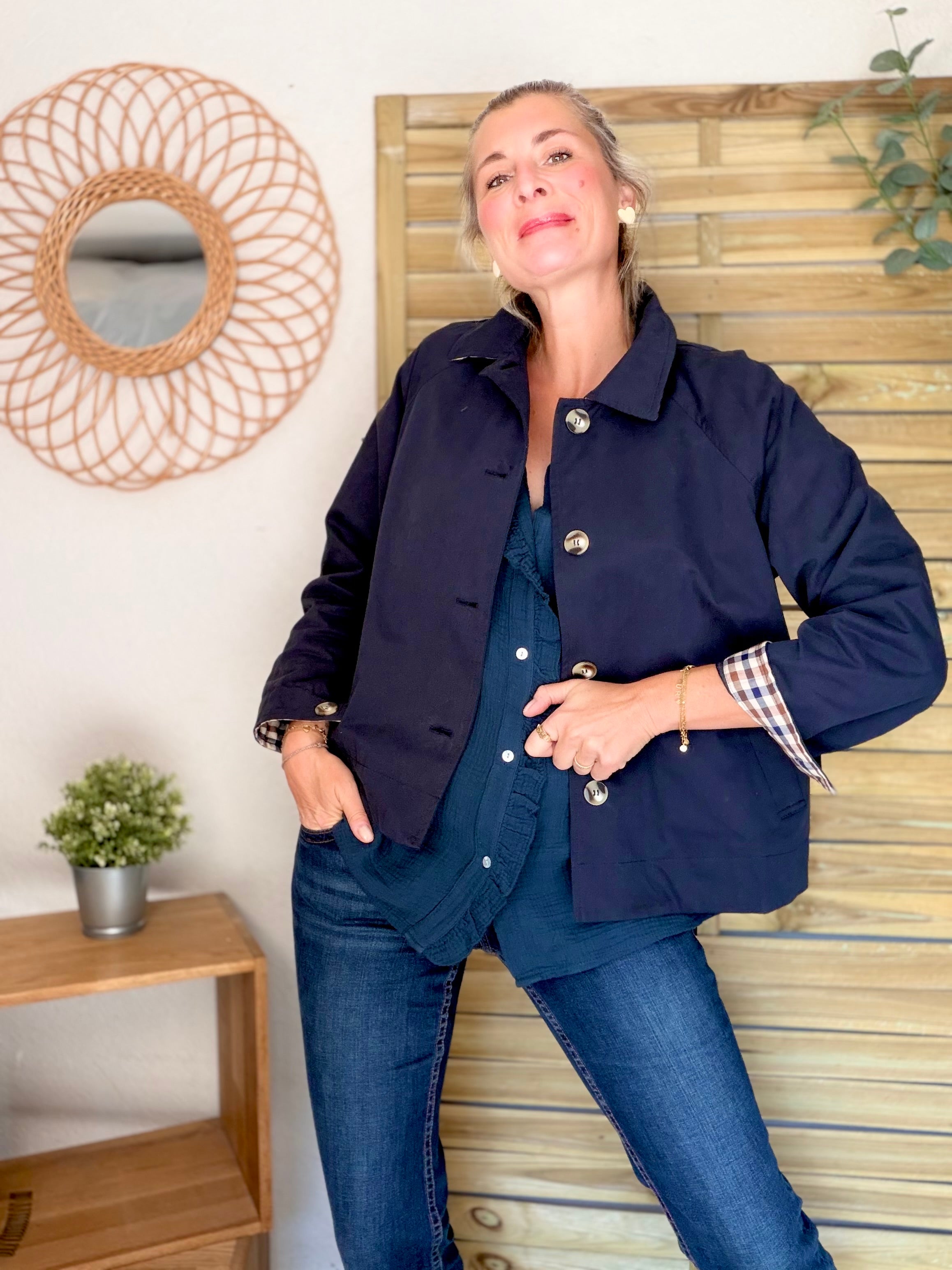 Veste Trench en coton avec carreaux - SOLÈNE Bleu marine
