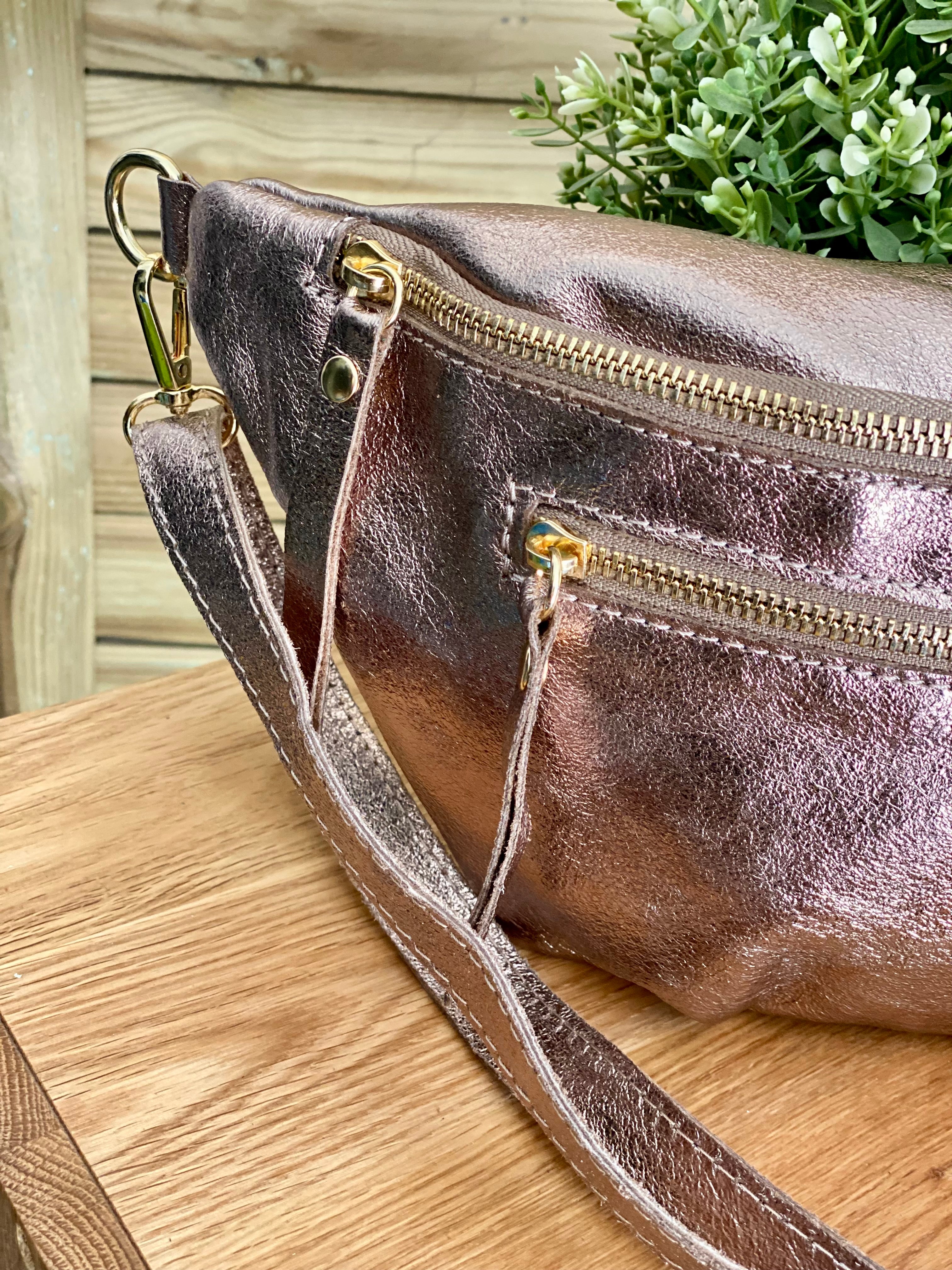 Sac banane en cuir irisé double poche - OPALE - Bronze