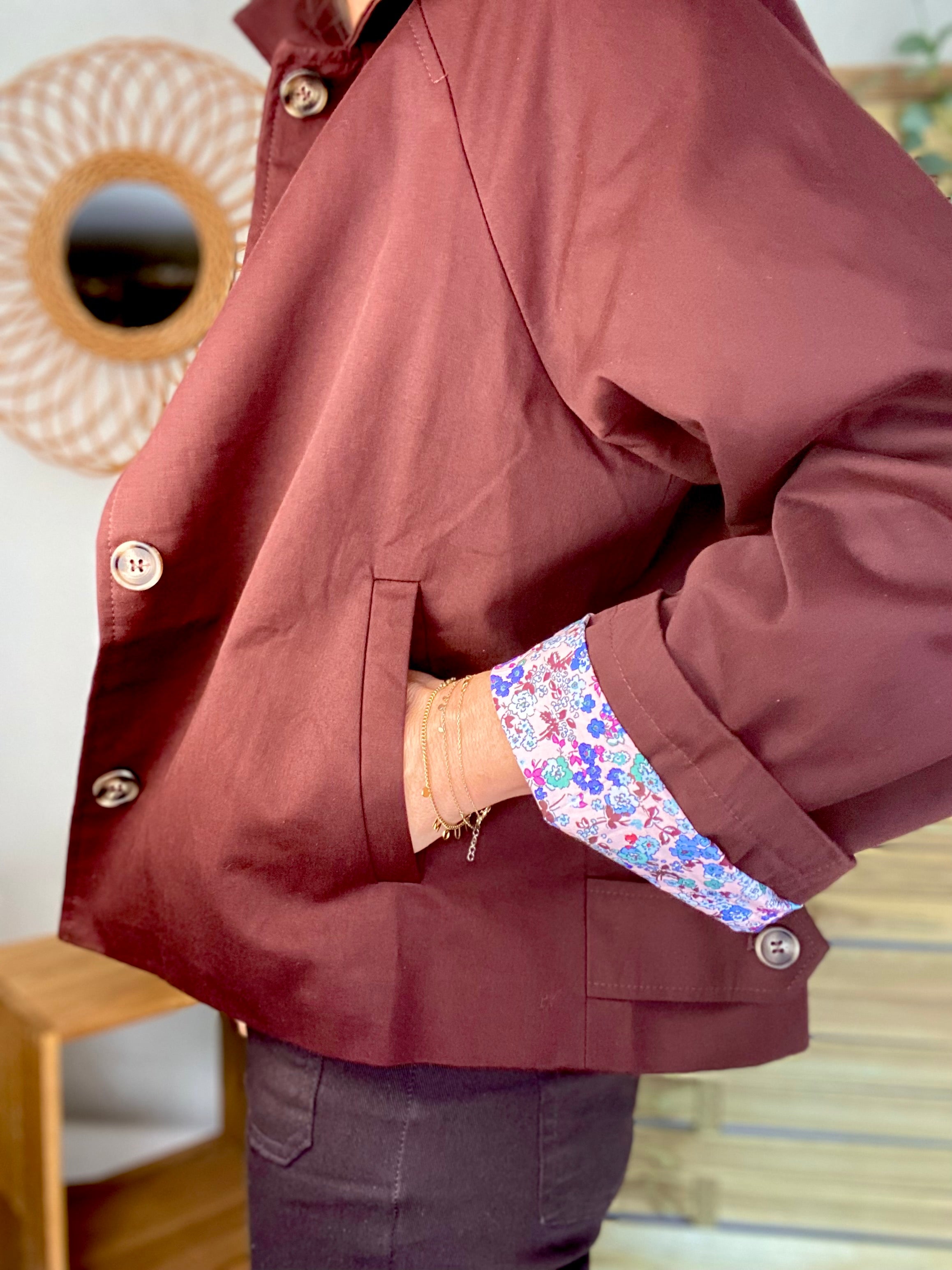 Veste Trench en coton bordeaux foncé avec Liberty - MAHAUT
