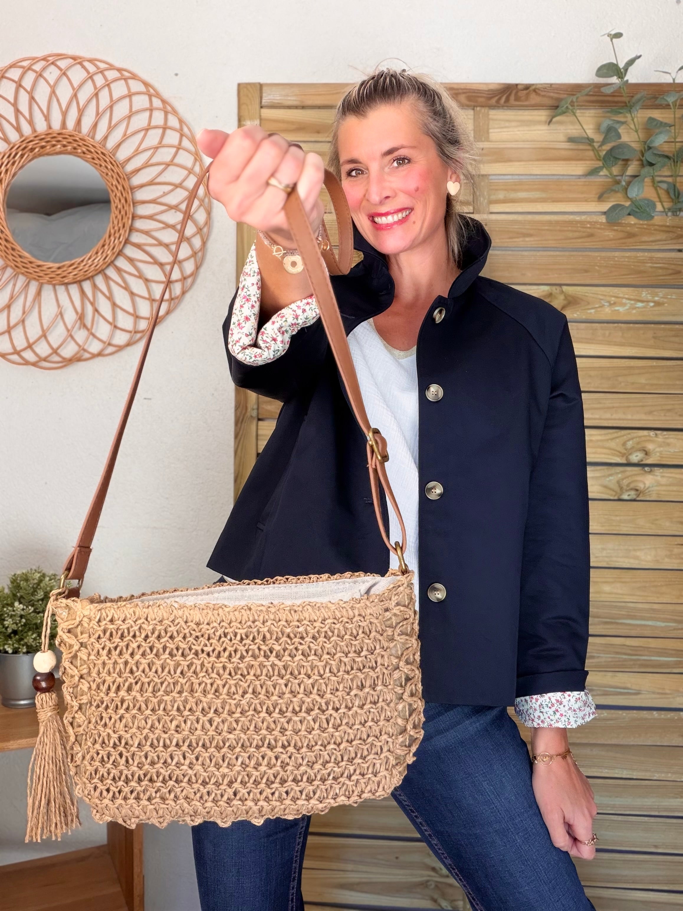 Sac pochette en raphia CORA Camel