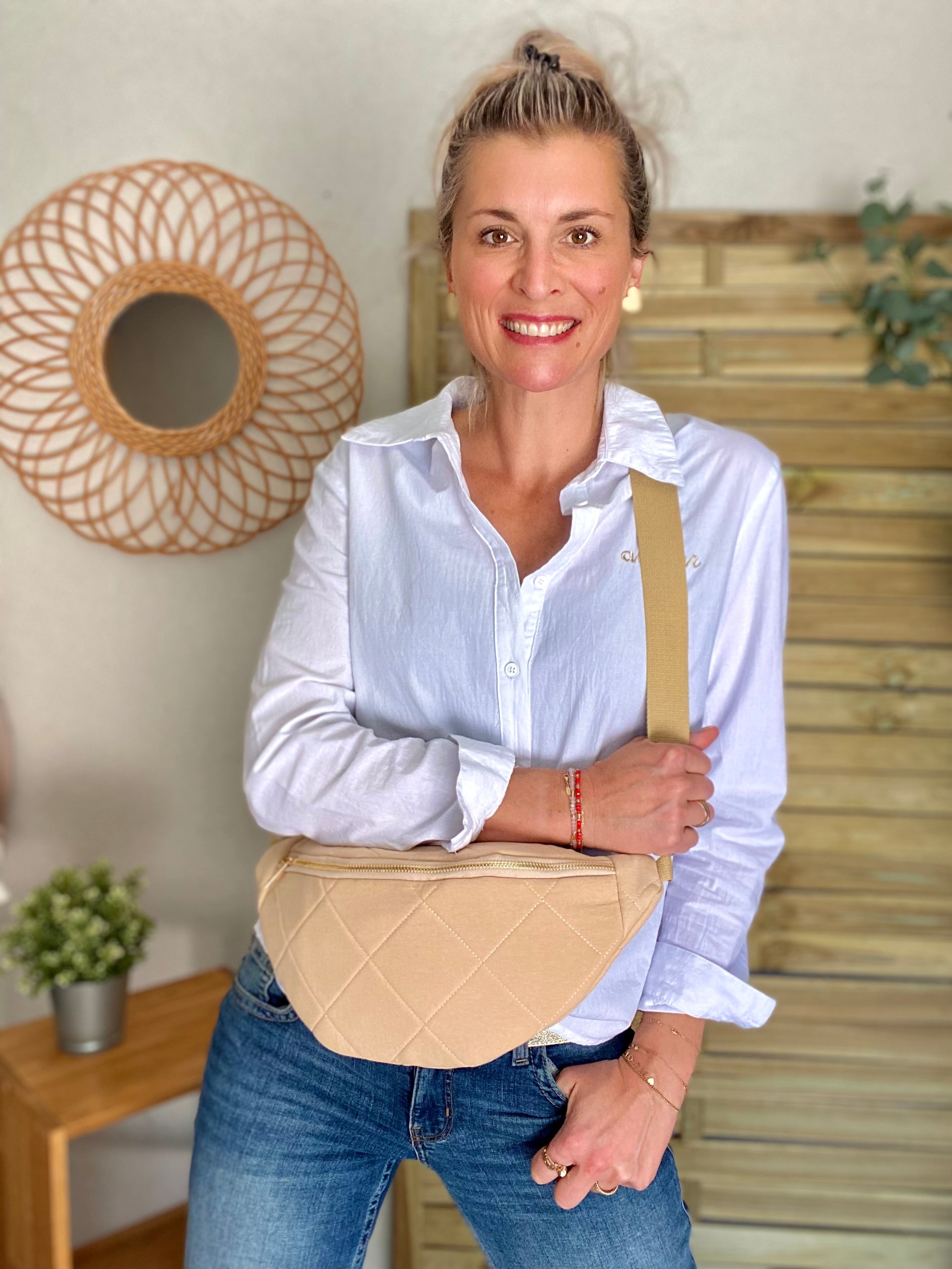 Sac banane XL gaze de coton surpiquée Ciao Boum - CARLY - Beige - FIN DE SÉRIE