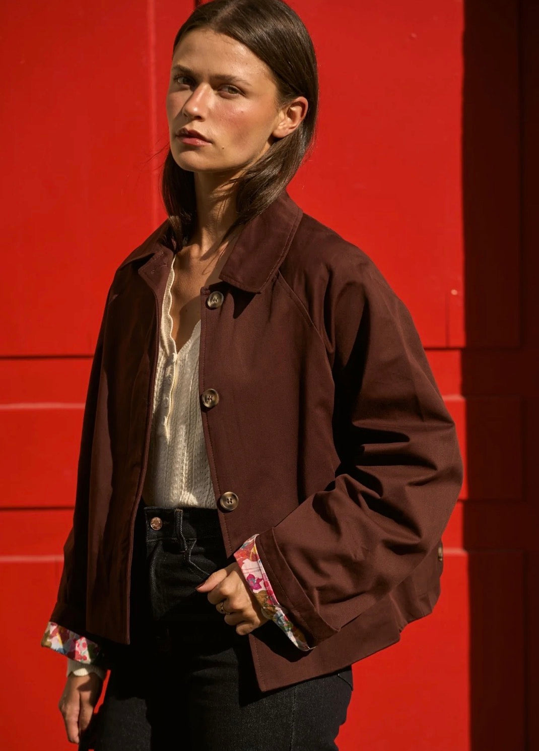 Veste Trench en coton Bordeaux fleuri - MAHAUT - LILI et LALA