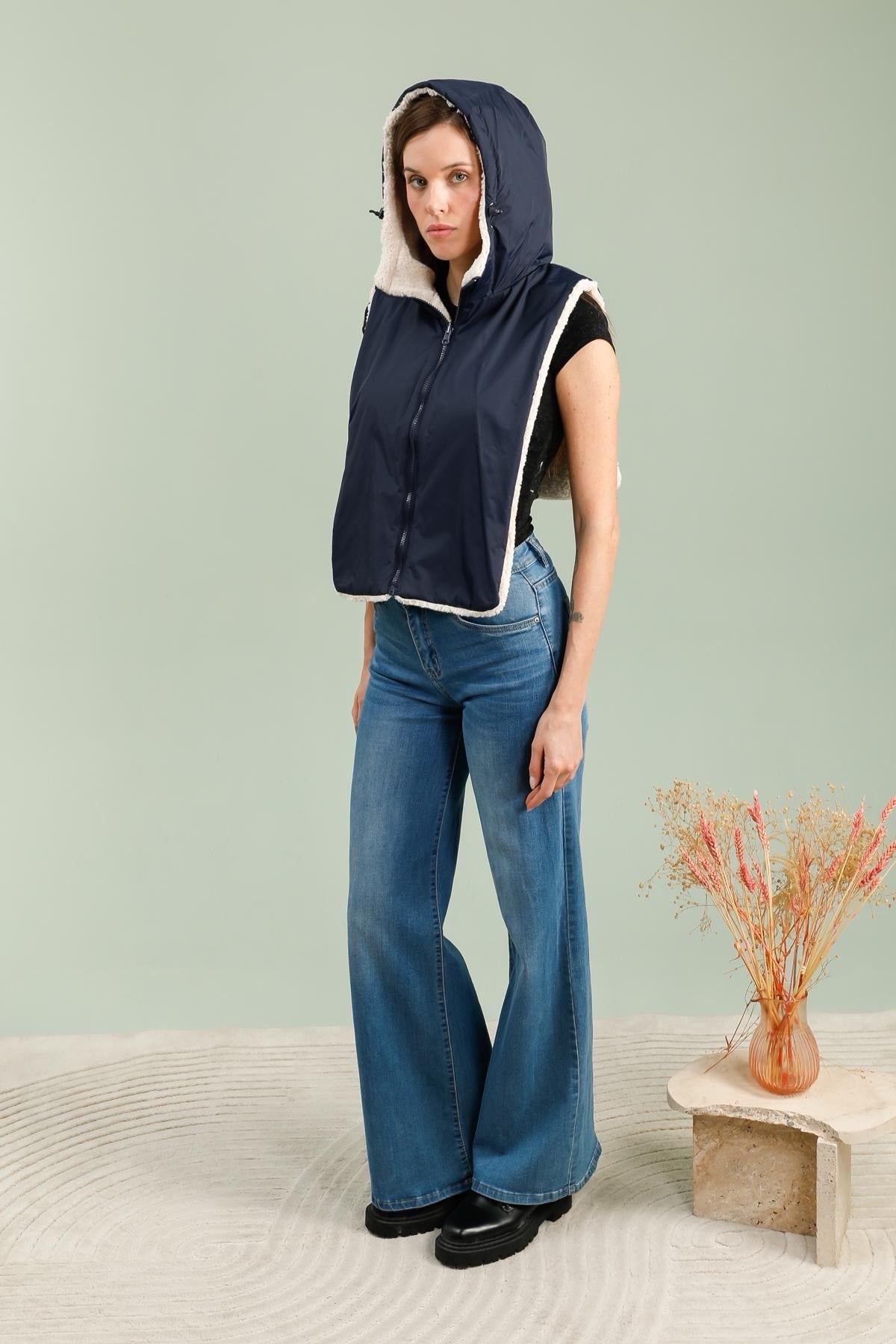 Col capuche amovible réversible TONY - LAURA JO - Bleu marine / Sherpa écru