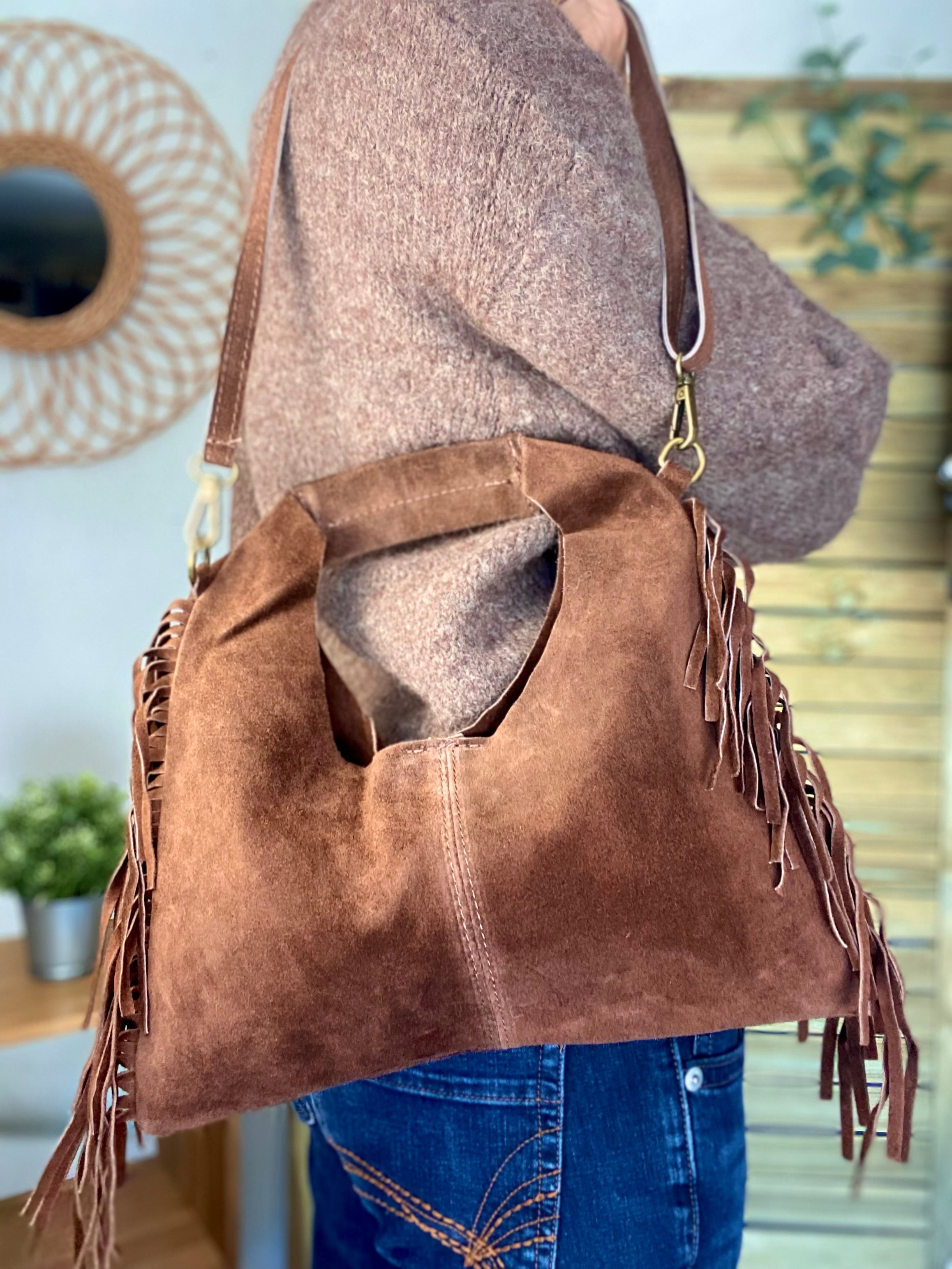 Sac en cuir daim avec franges AARON - Chocolat