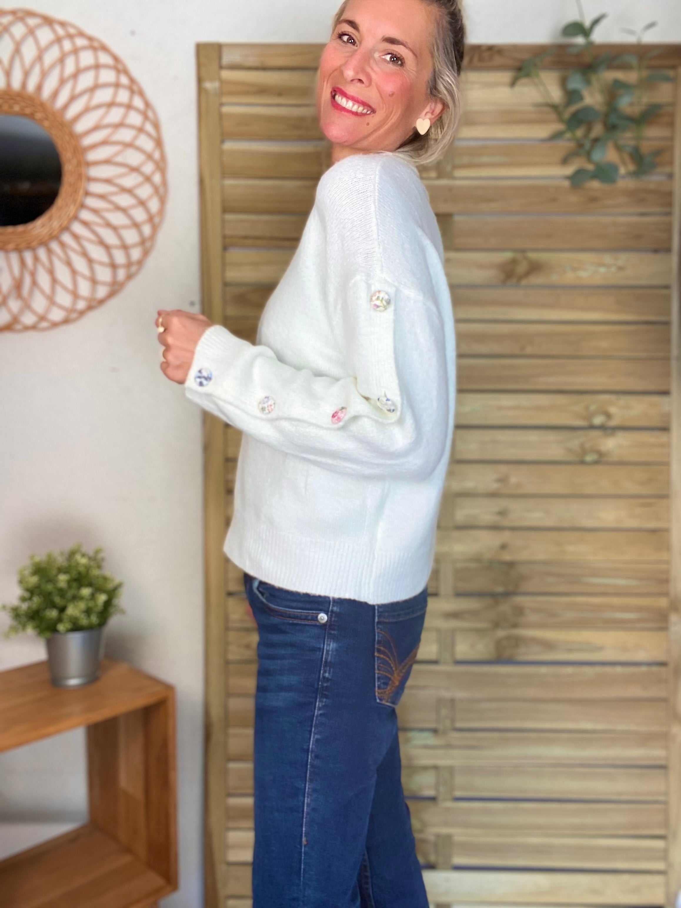 ⚡️ PÉPITES FRIDAY - Pull boutons tissu fleuri - Blanc - HAZEL