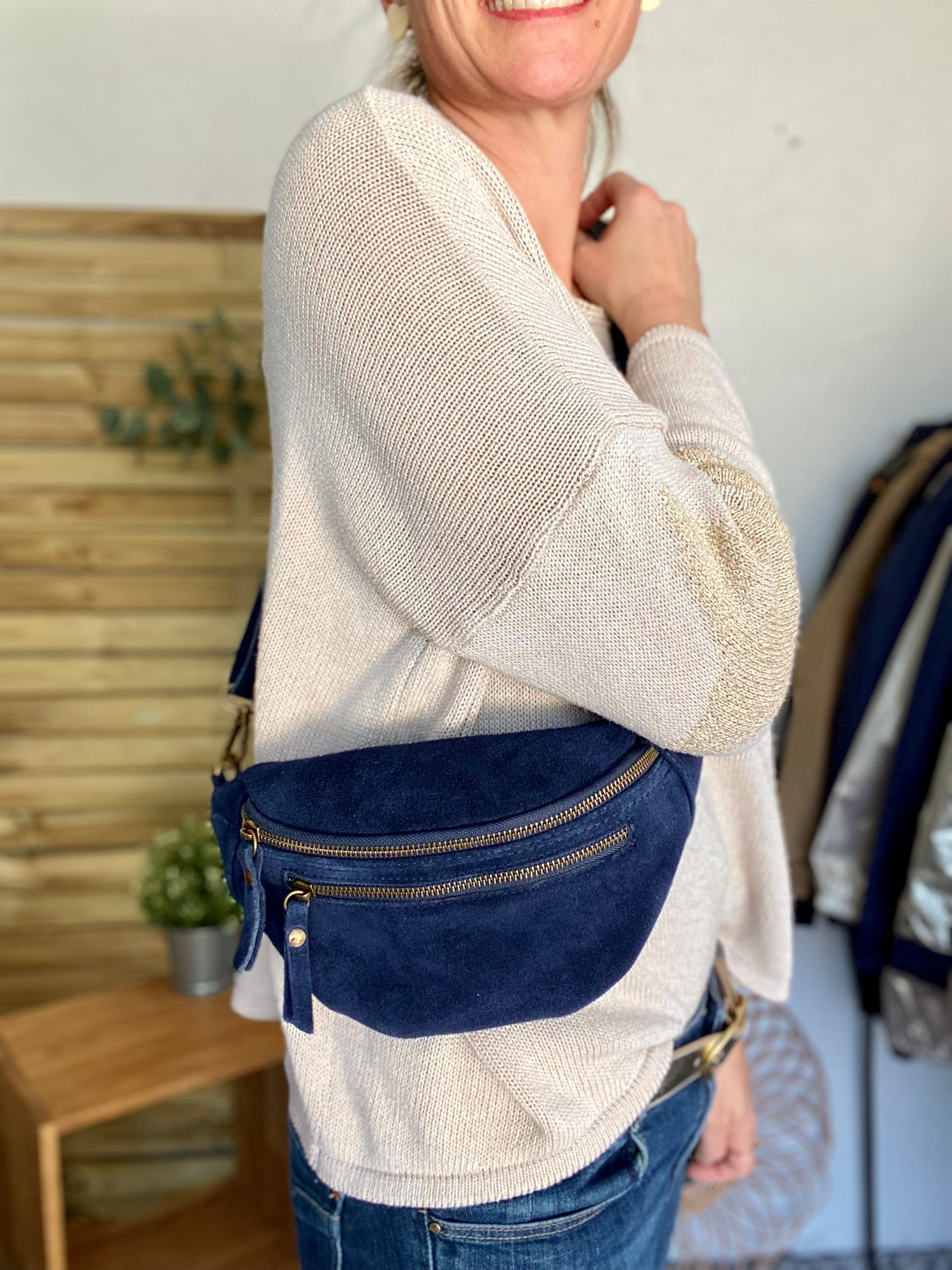 Sac banane double poche en cuir daim - OPALINE - Bleu marine