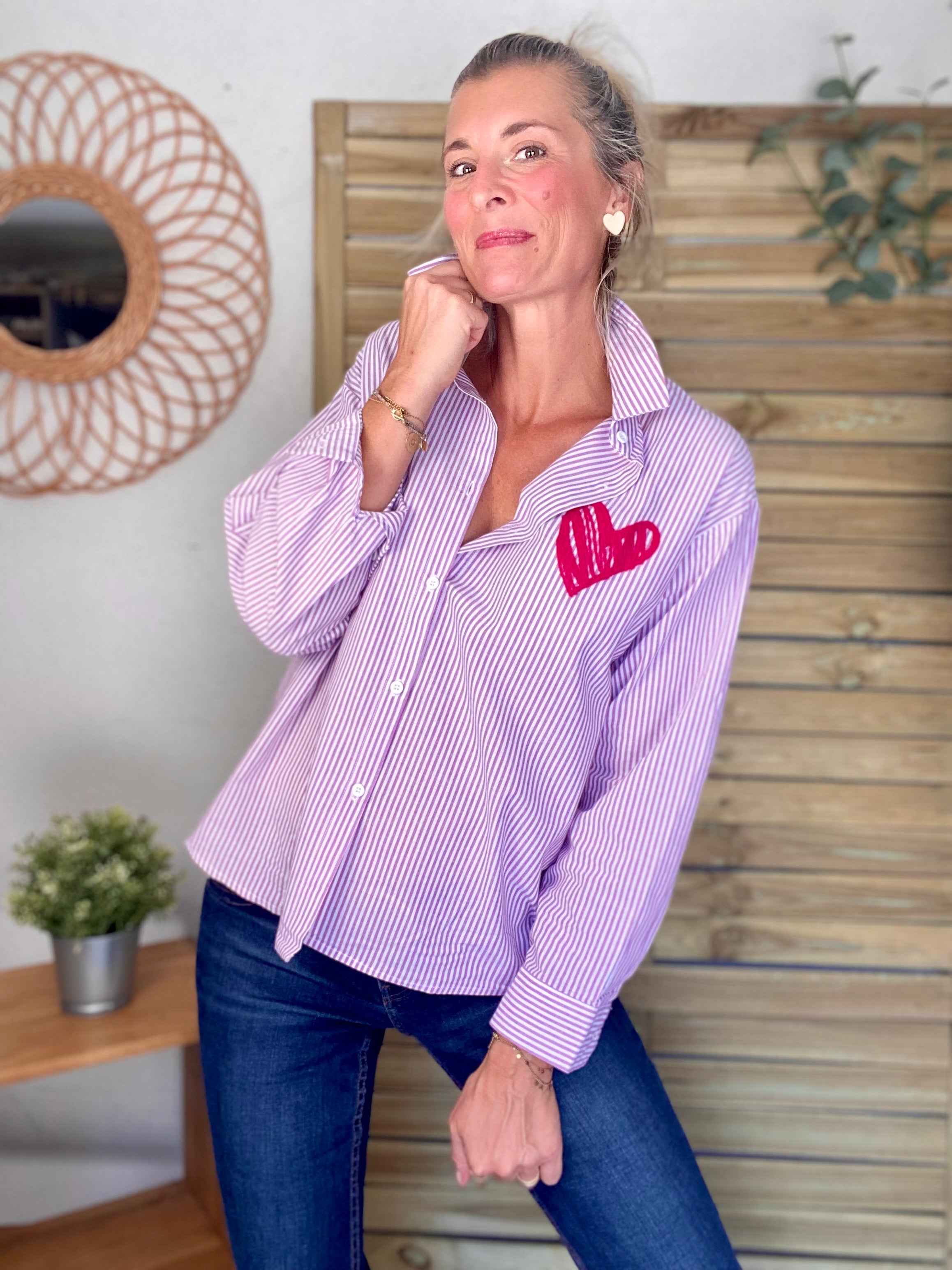 Chemise rayée brodée LOVE multico LANA - Rose cerise