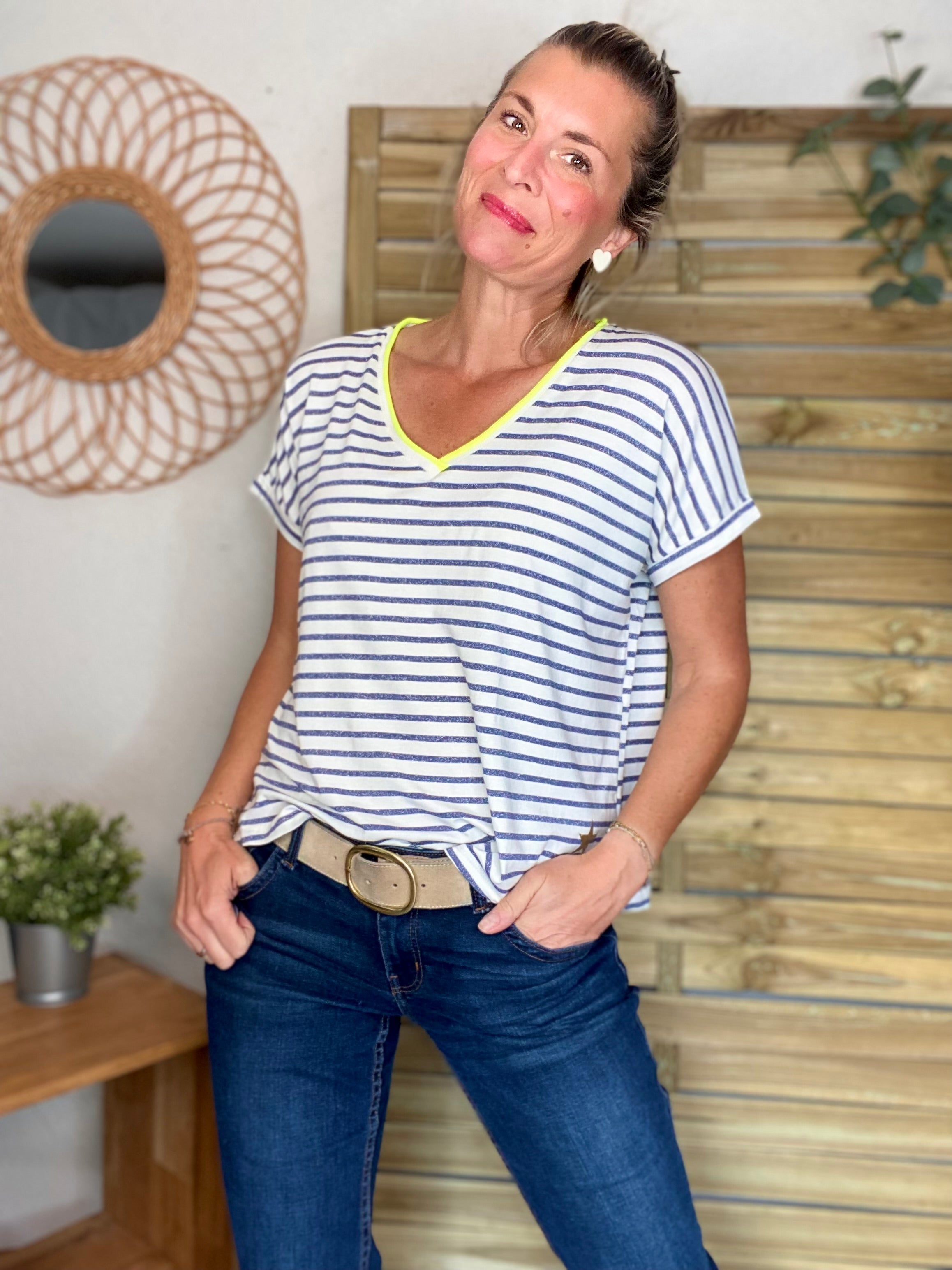 Top rayé col V avec étoile ⭐️ NAOMI - Bleu Jean