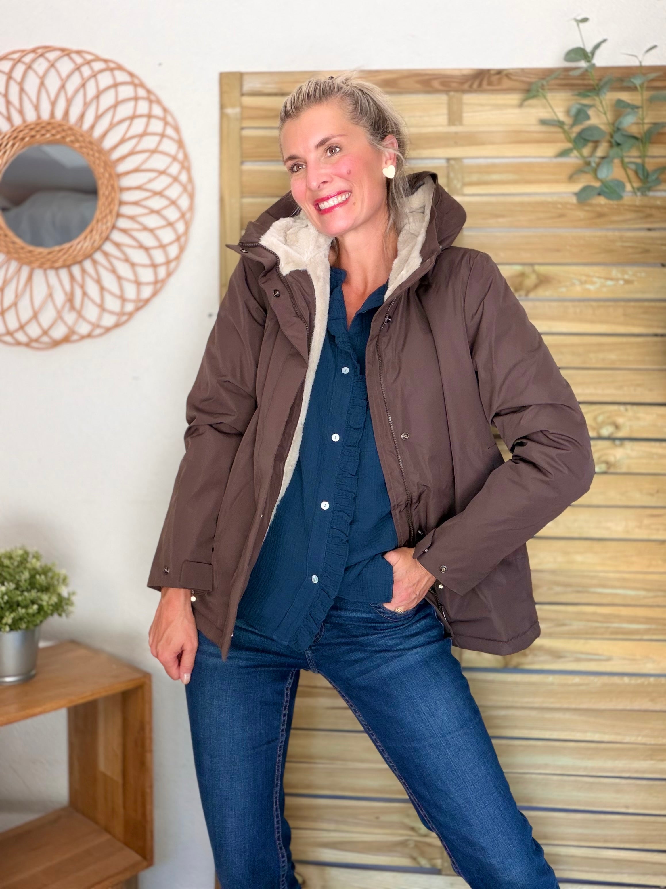 LAURA JO - Parka fourrée imperméable AMBRE MI-LONG - Chocolat / Beige