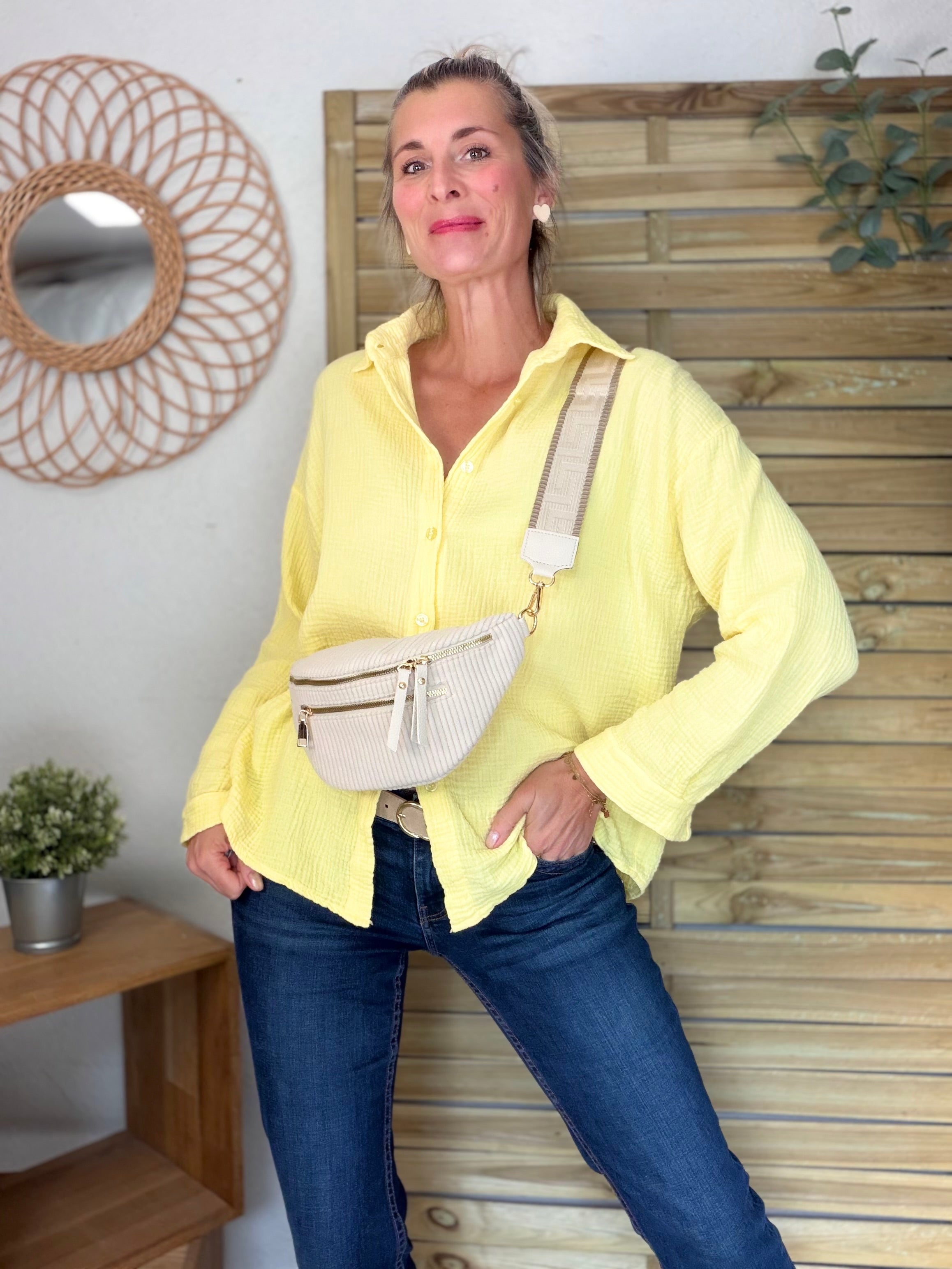 Sac banane en velours côtelé 2 zips et sangle fantaisie - CHARLY Beige clair