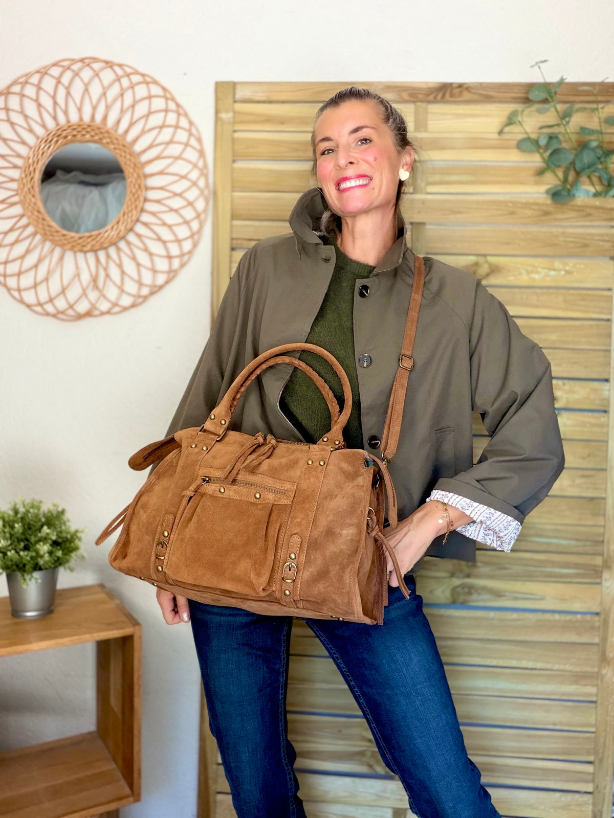 Sac cabas XL en cuir daim • HUNTER Camel