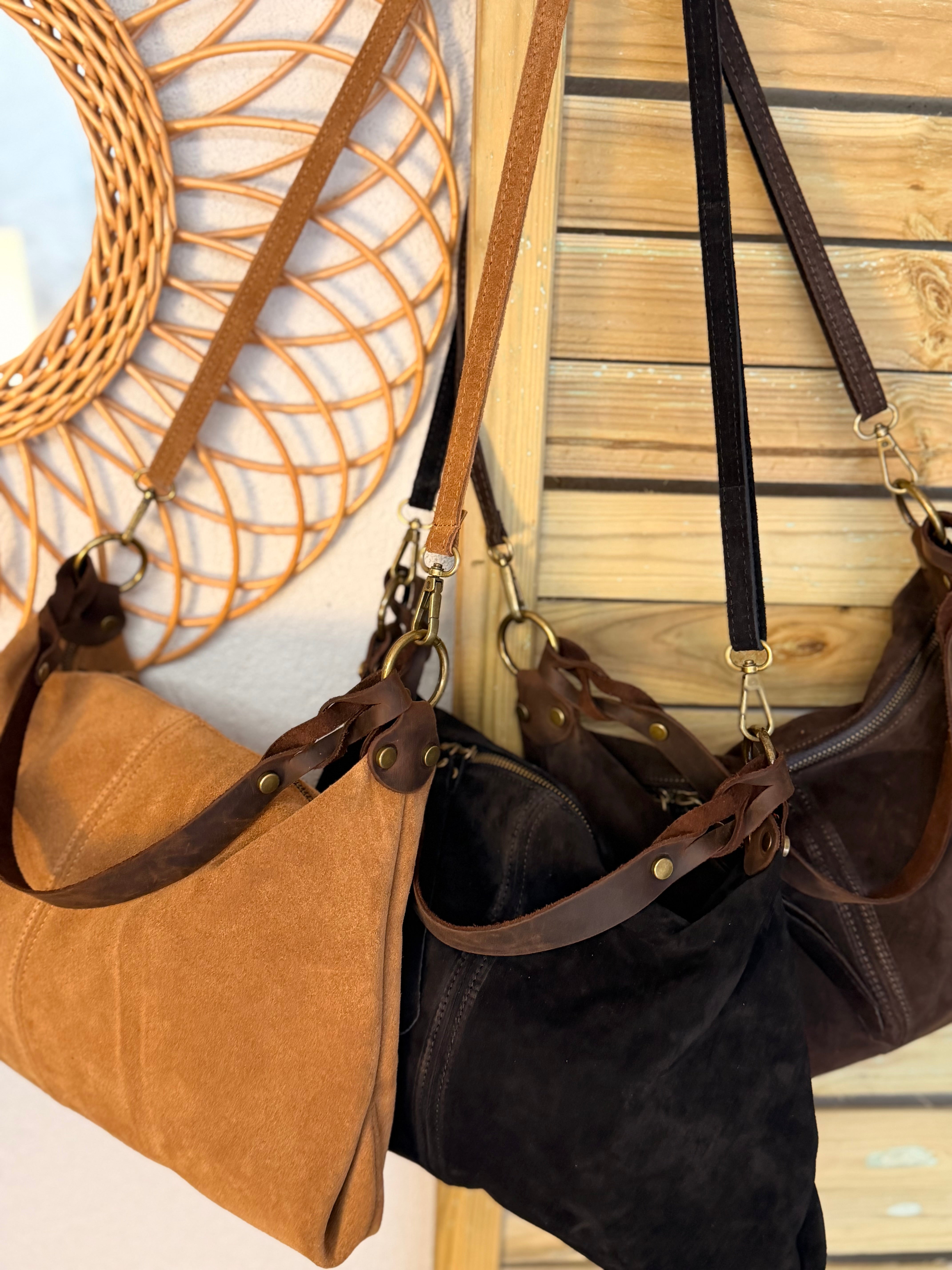 Sac hobo en cuir daim souple, double bandoulière ANDREW Chocolat