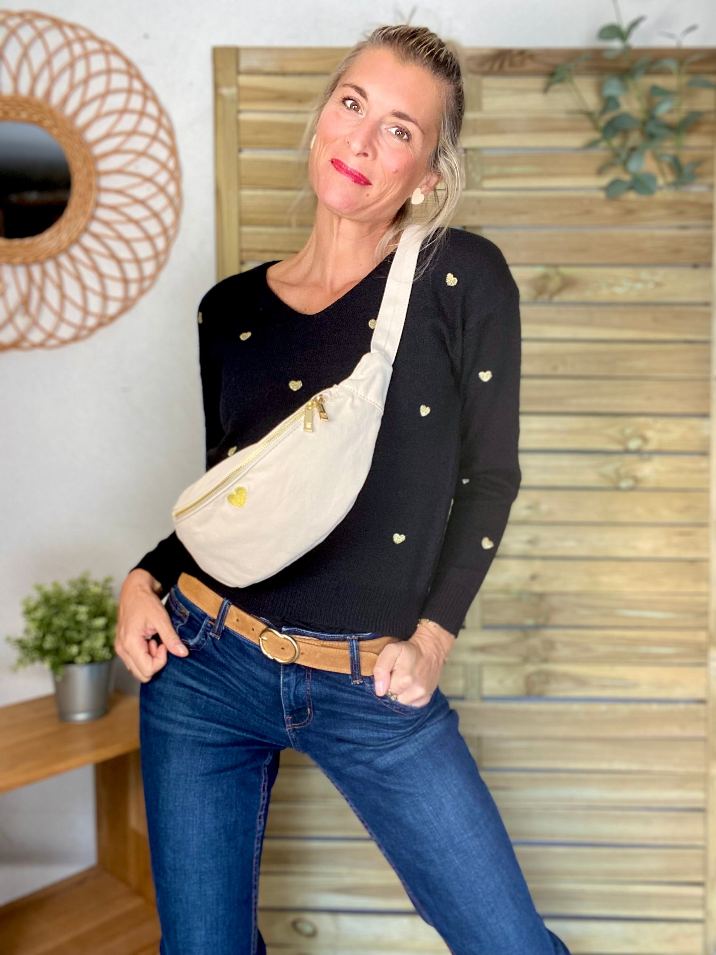 Sac banane en coton Coeur brodé 💛 CASSIDY - Écru