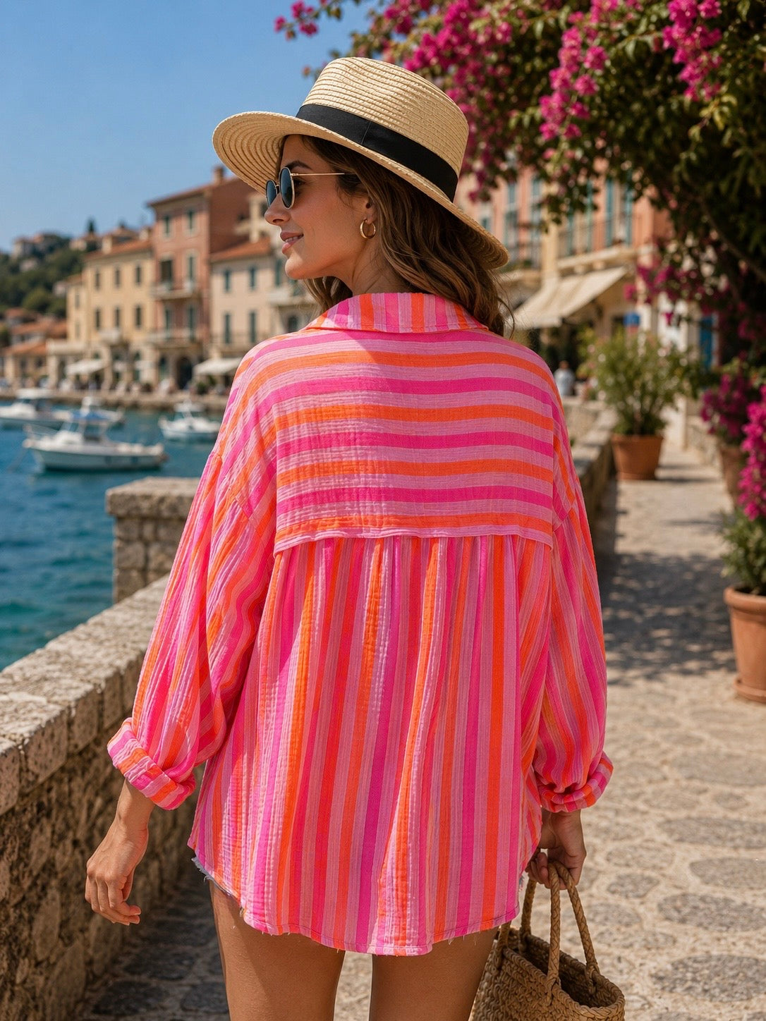 Chemise en gaze de coton rayée FÉLICIE Fluo Parme