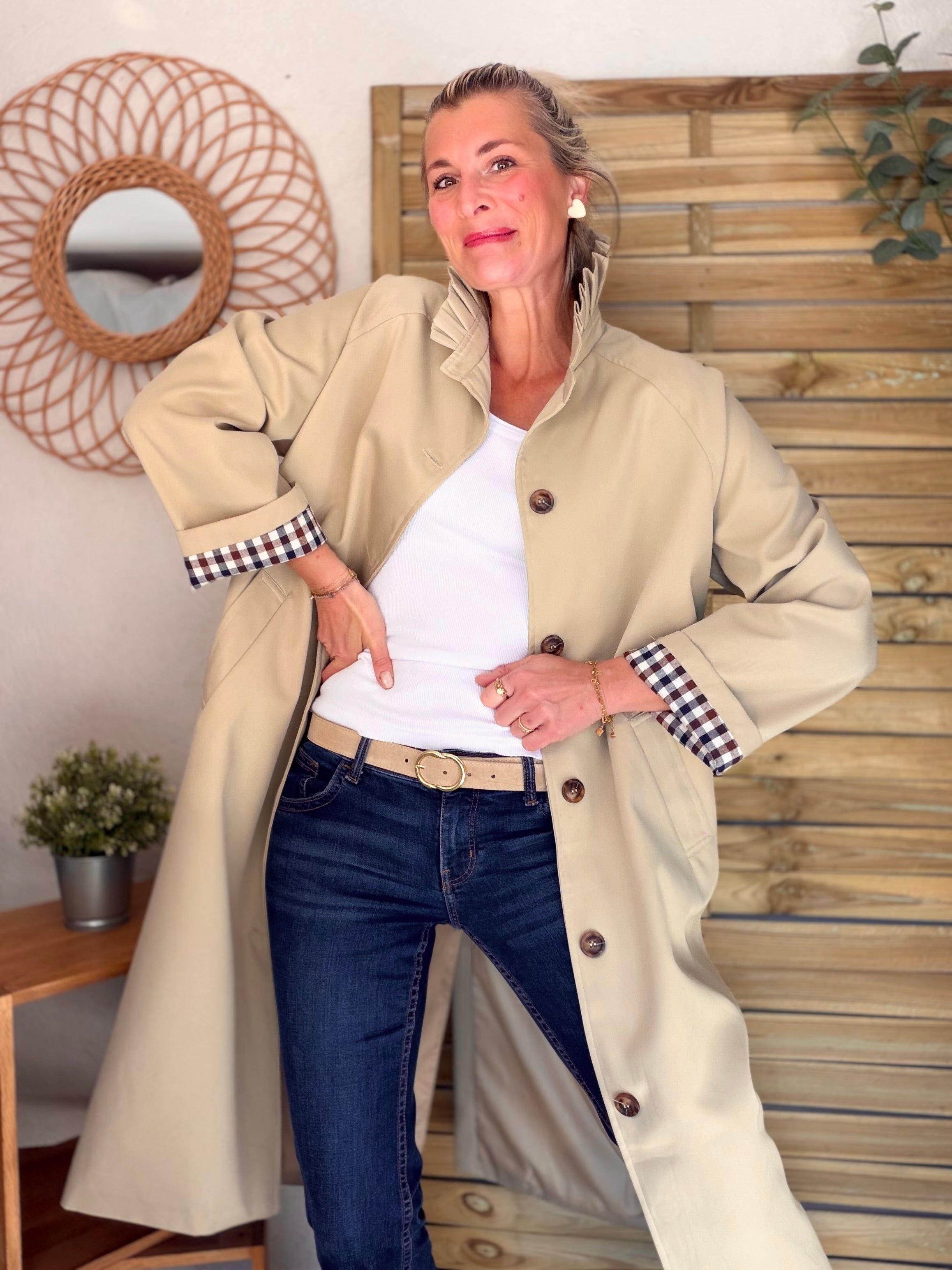 Veste Trench col victorien avec vichy - VICKY LONG Beige