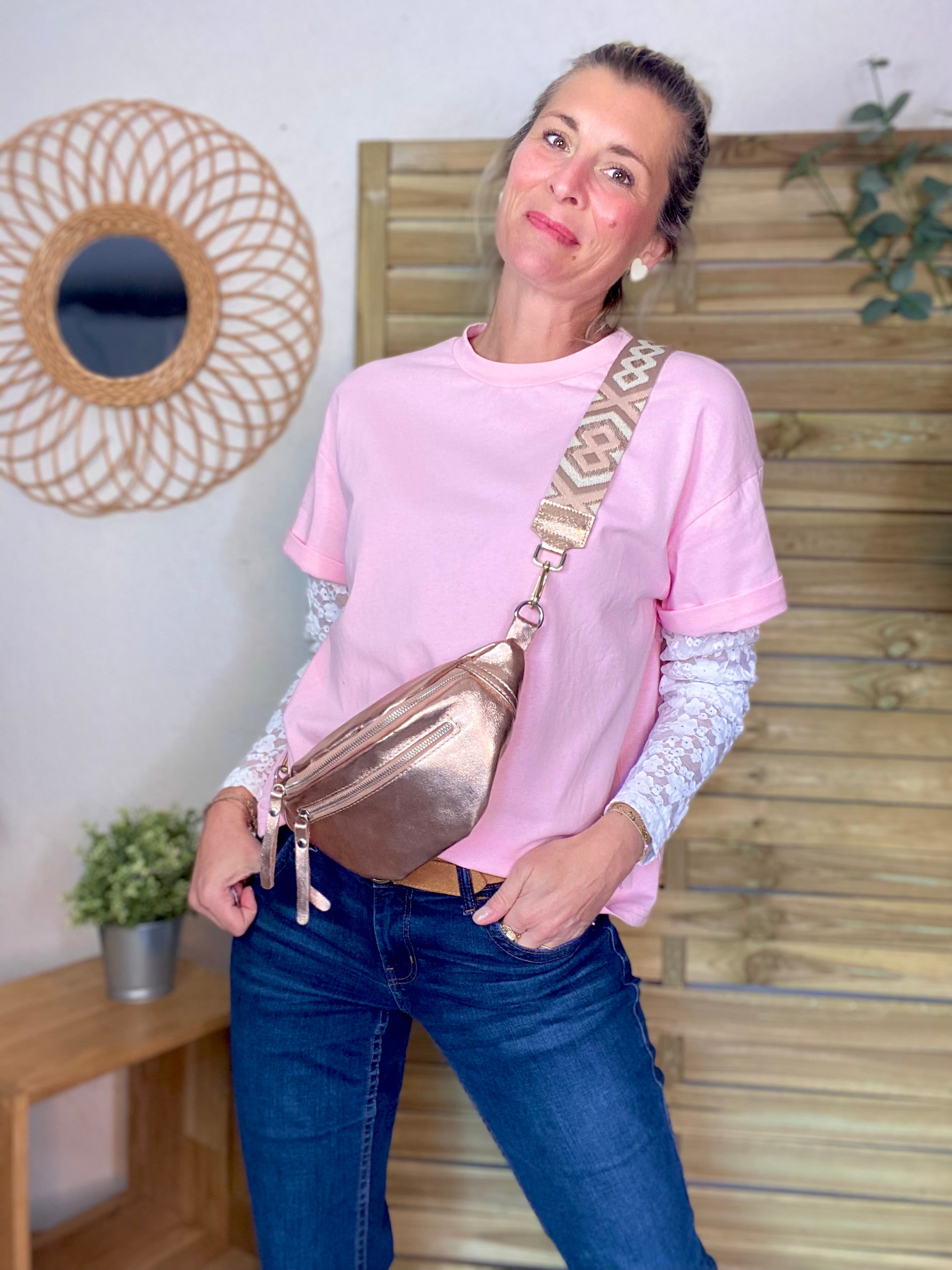 Tee shirt avec manches longues dentelle PAMELA - Rose