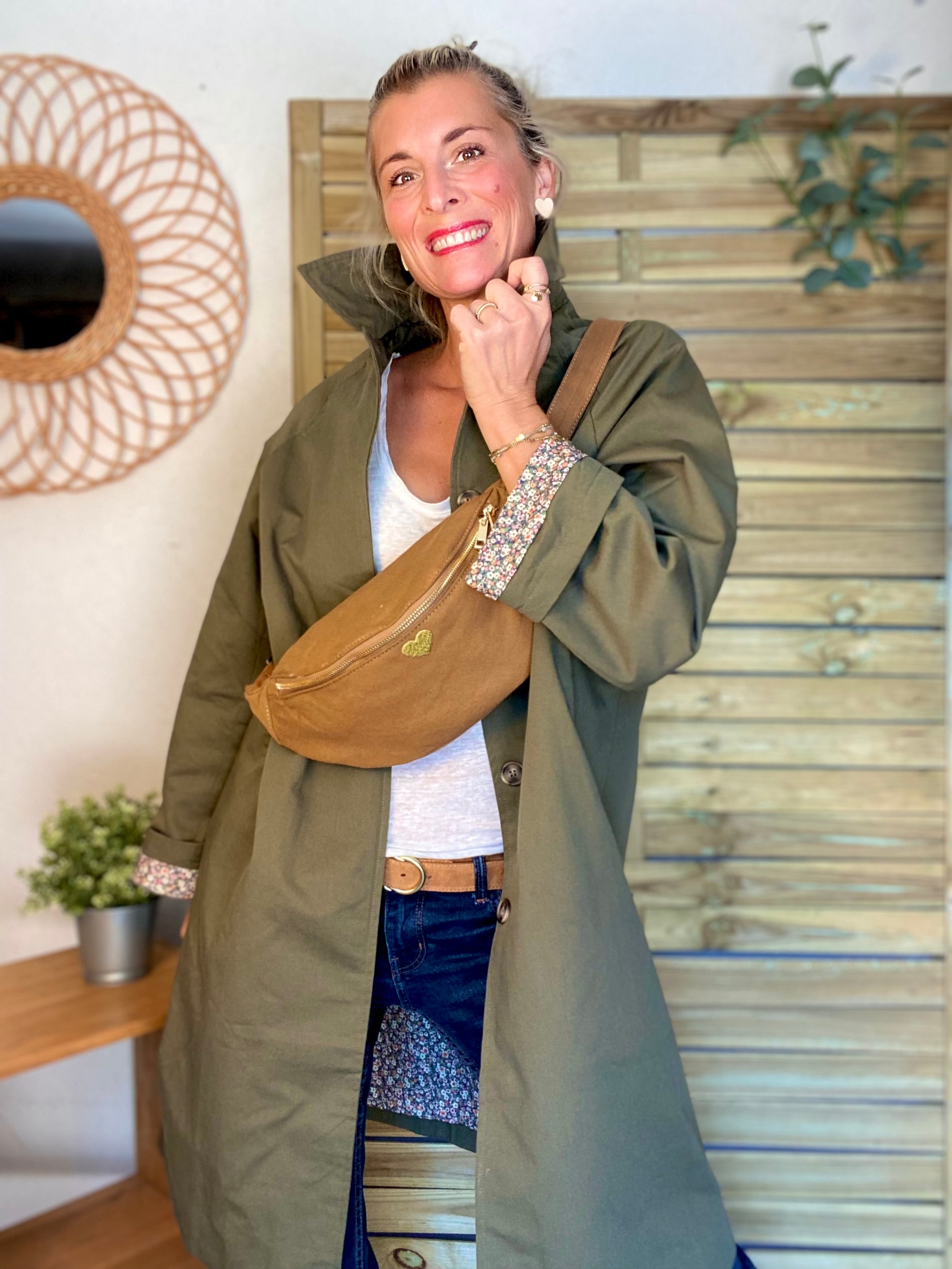 Veste Trench en coton kaki avec Liberty - MAHAUT LONG