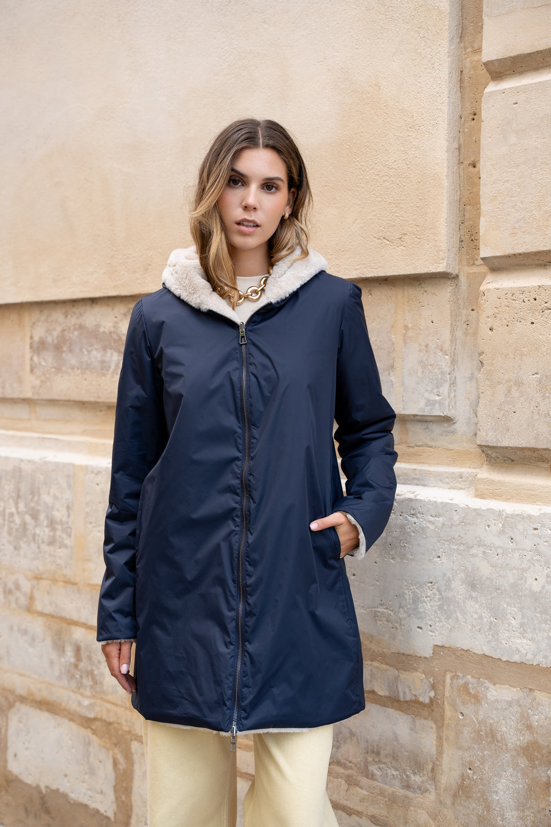 Parka Imperméable réversible fourrée Bleu marine / Beige ALIX - LAURA JO