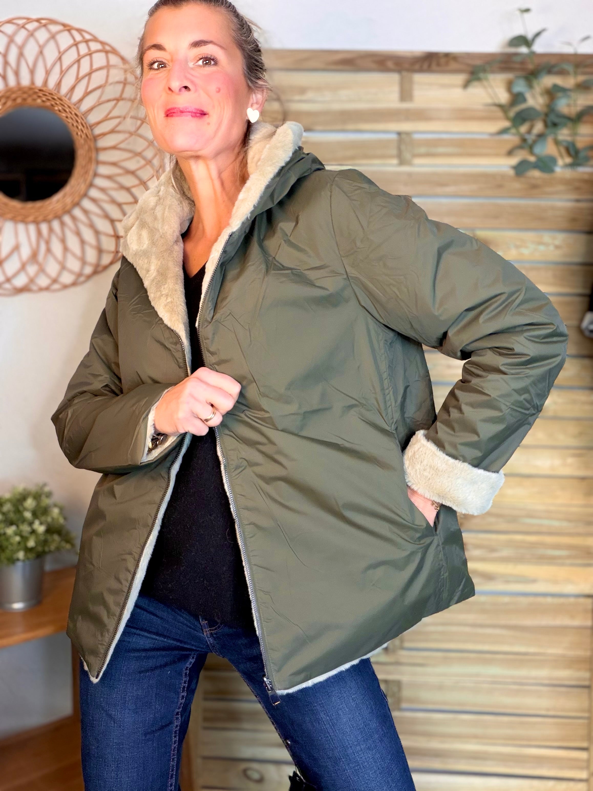 Parka Imperméable réversible fourrée Kaki / Beige ALIX Court - LAURA JO