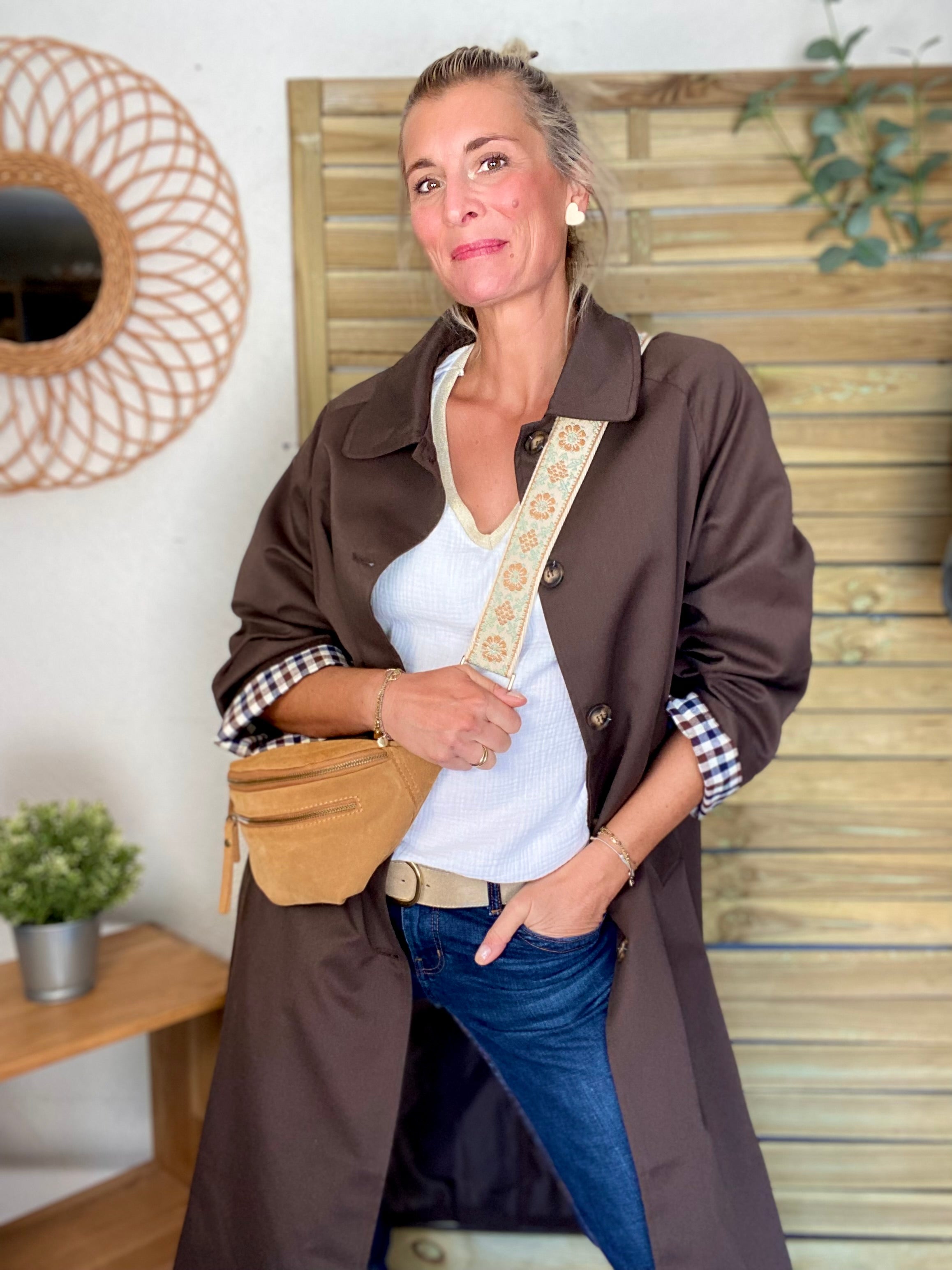 Veste Trench en coton avec vichy - YSEULT long Chocolat