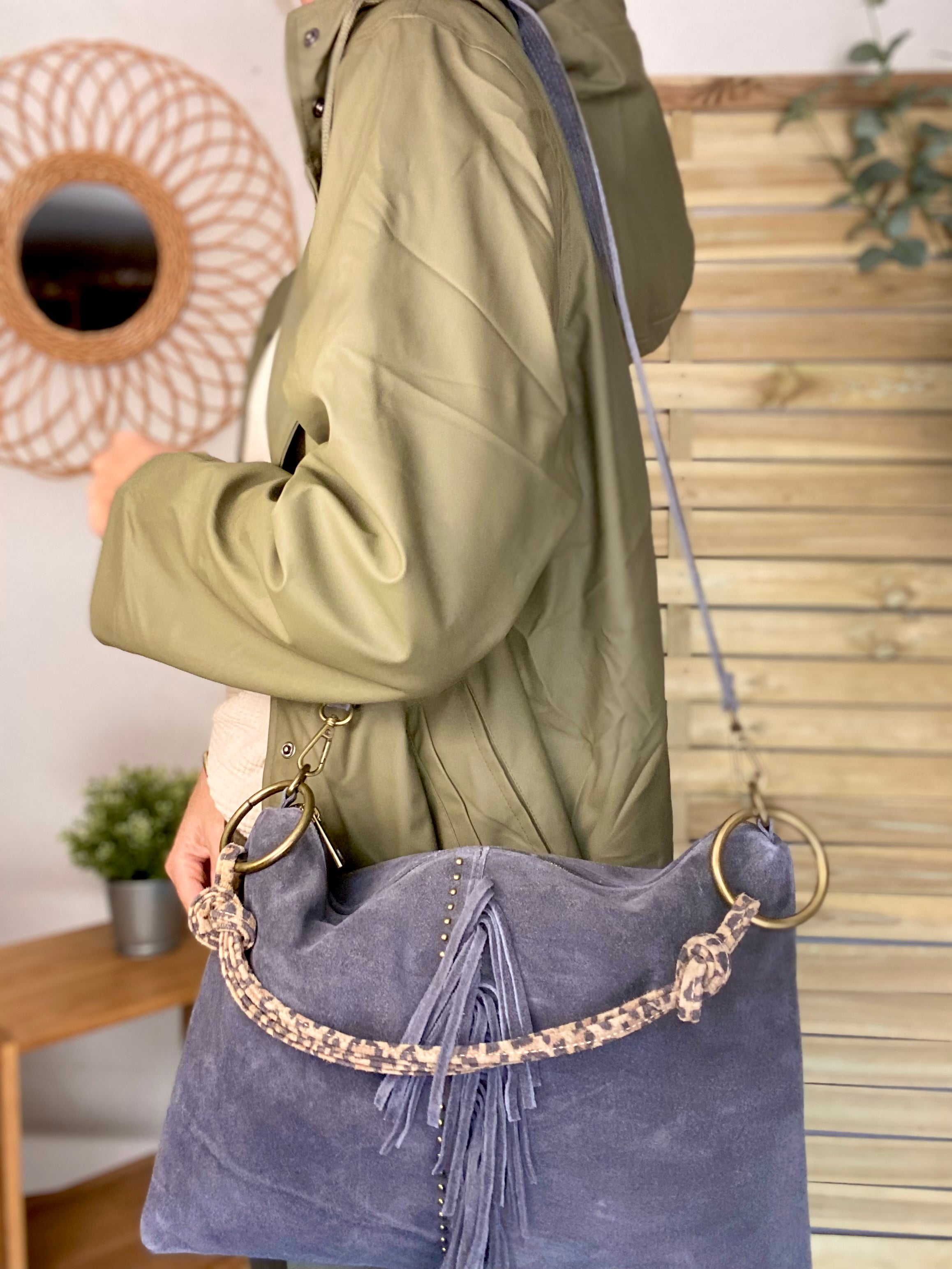 ⚡️PÉPITES FRIDAY - Sac en cuir daim 2 bandoulières (Léo et gris) - Gris foncé - BROOKLYN