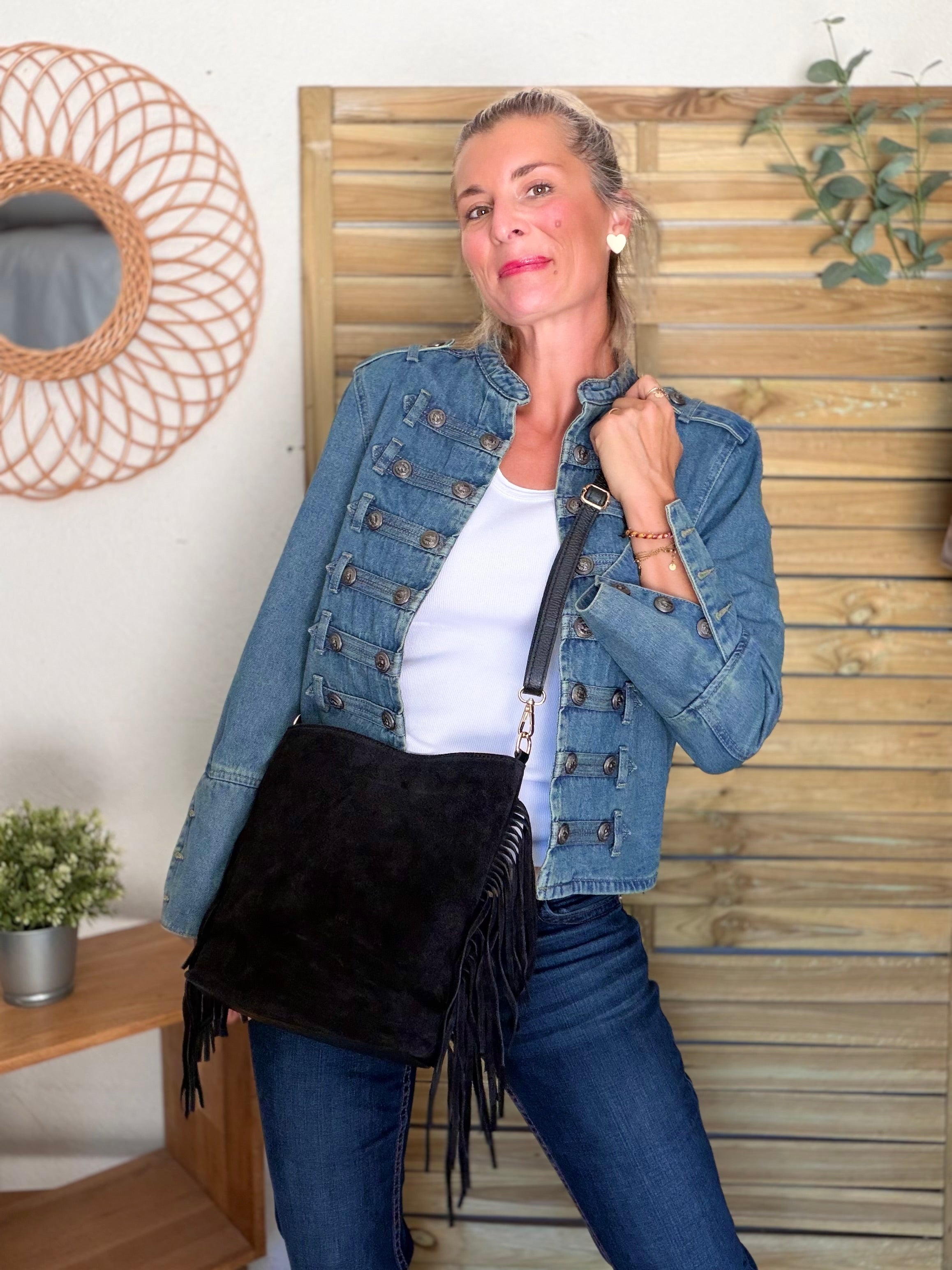 Sac seau en cuir daim avec franges KYLIE - Noir