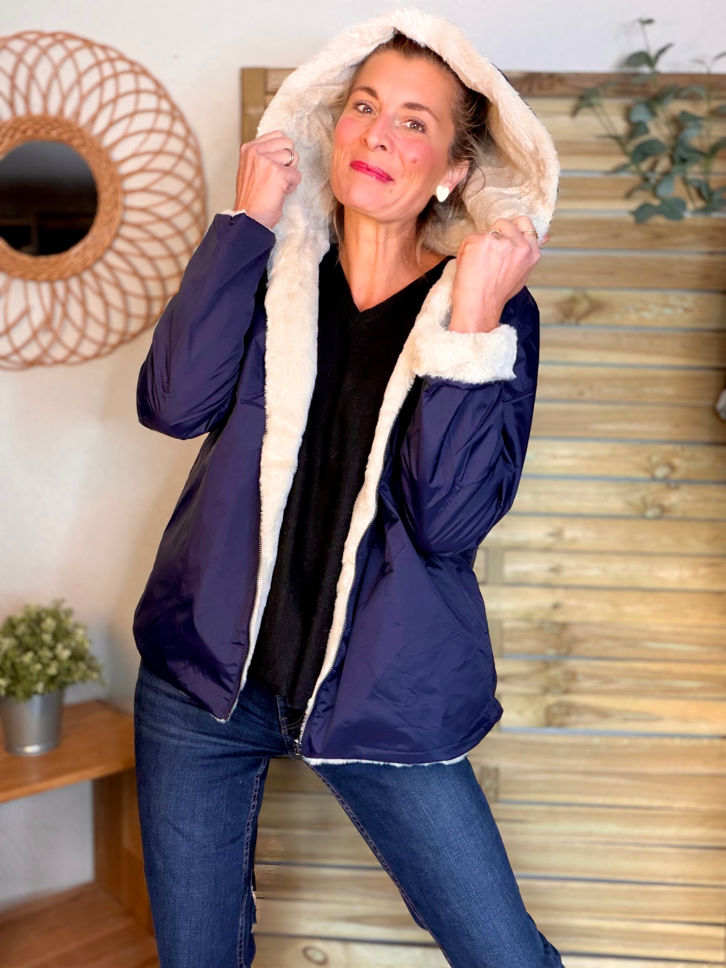 Parka Imperméable réversible fourrée Marine / Beige ALIX Court - LAURA JO